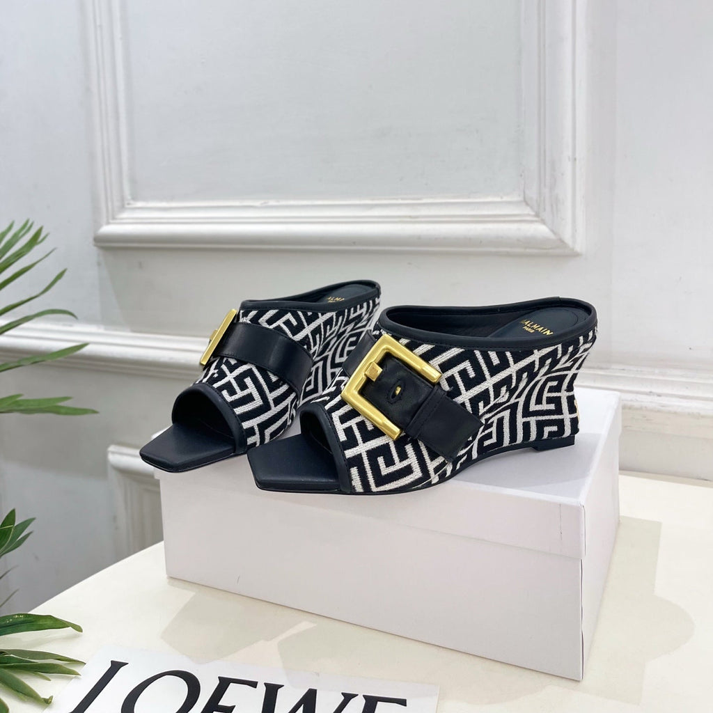 BM Anthem Buckle Wedge Mules 7.5cm Black White Monogram Jacquard 892306