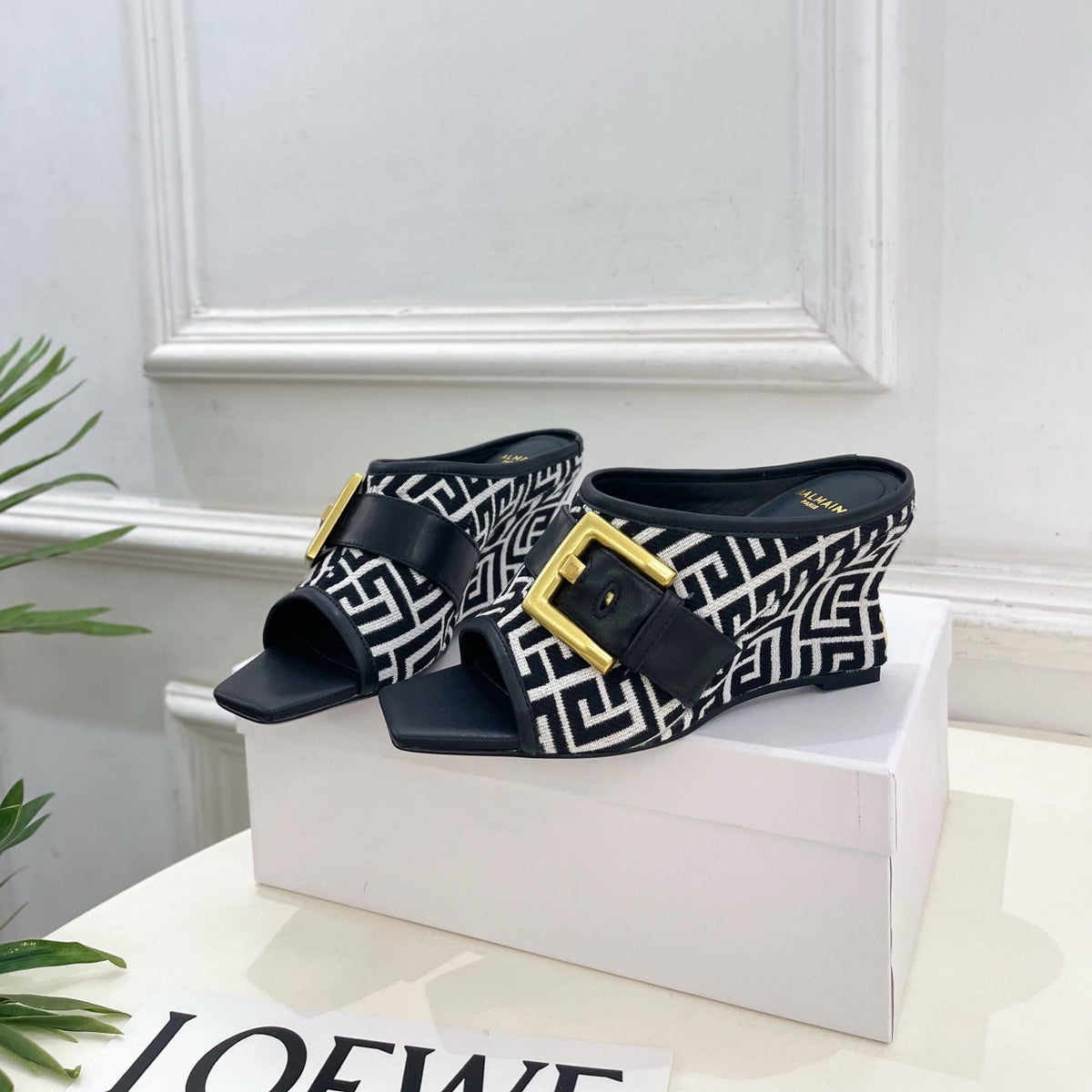 BM Anthem Buckle Wedge Mules 7.5cm Black White Monogram Jacquard 892306