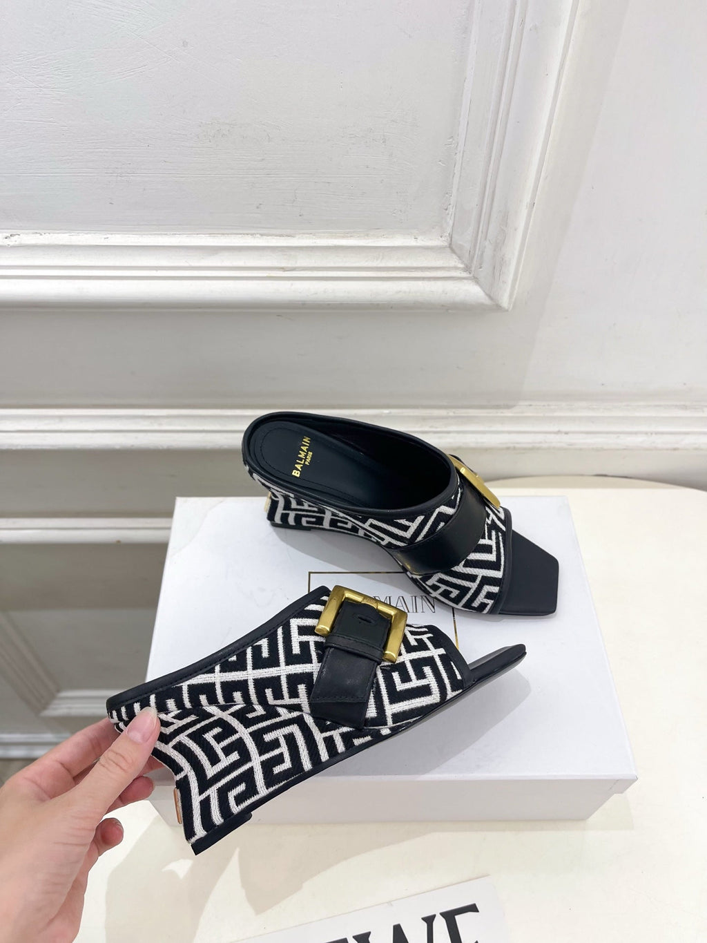 BM Anthem Buckle Wedge Mules 7.5cm Black White Monogram Jacquard 892306