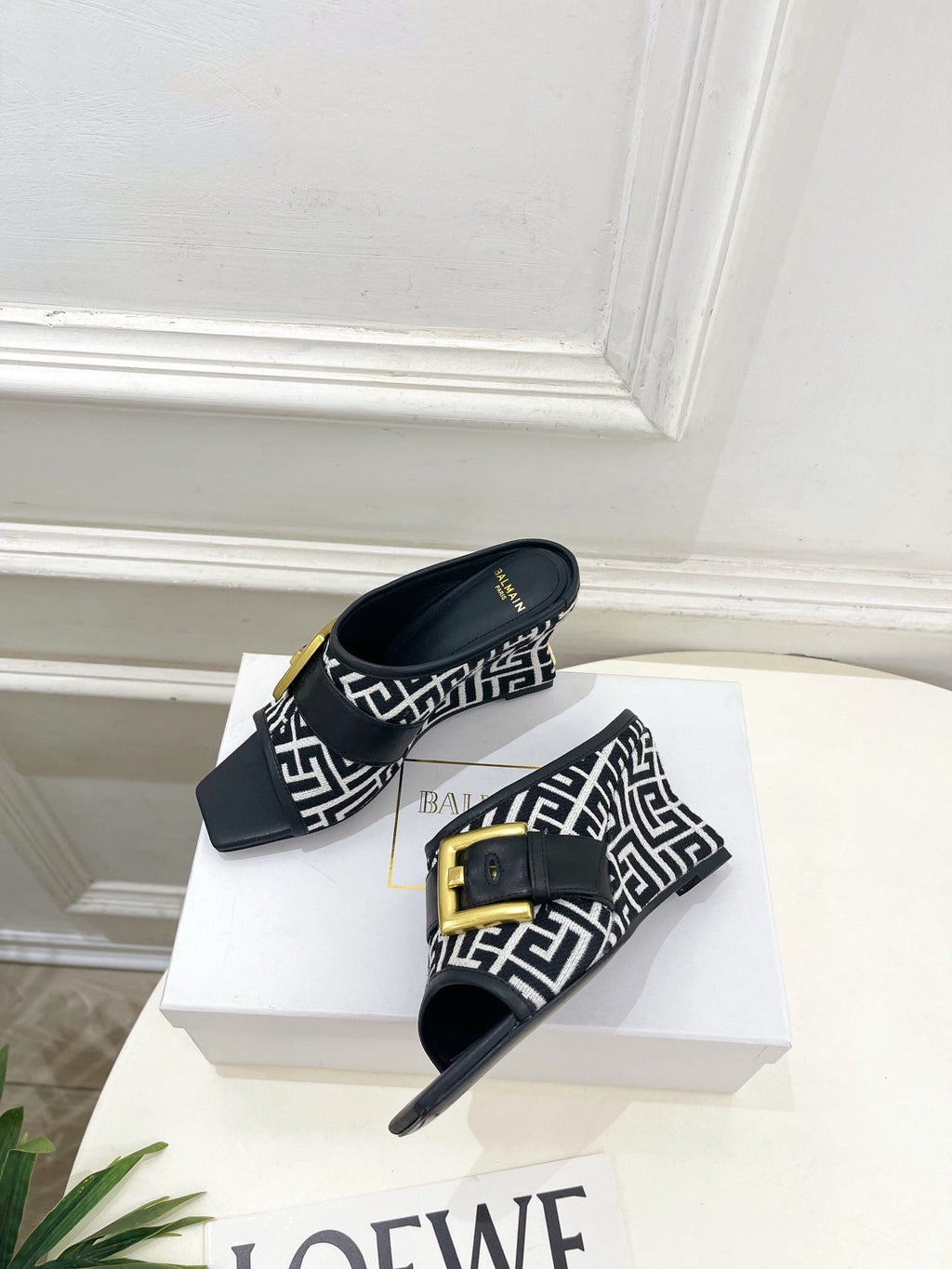 BM Anthem Buckle Wedge Mules 7.5cm Black White Monogram Jacquard 892306