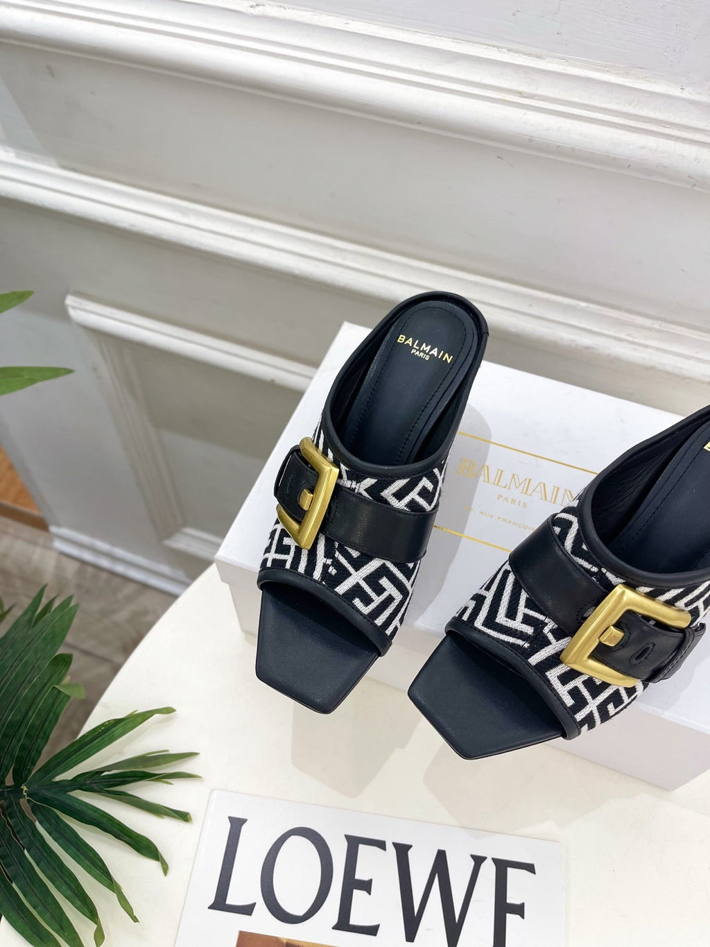 BM Anthem Buckle Wedge Mules 7.5cm Black White Monogram Jacquard 892306