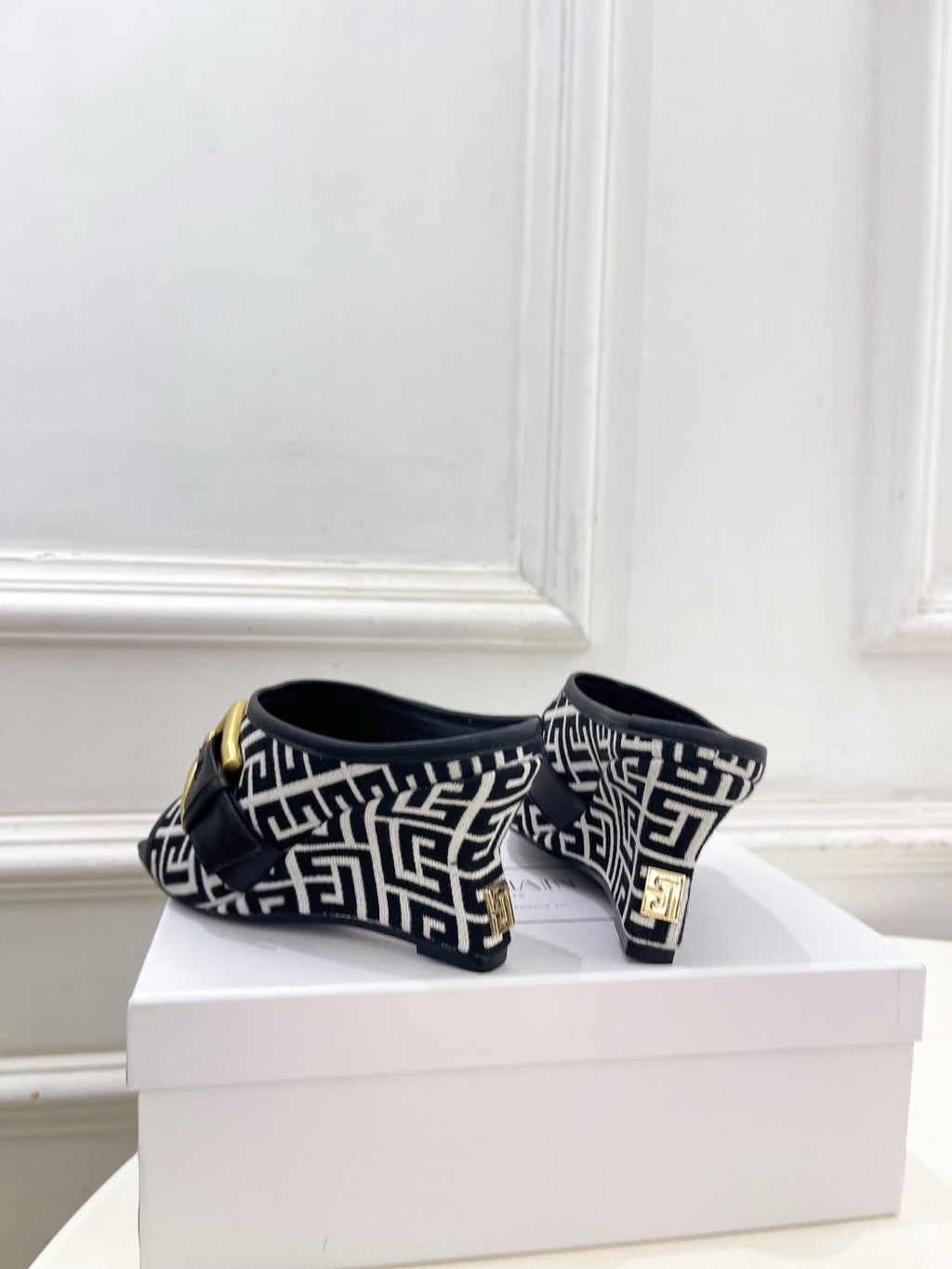 BM Anthem Buckle Wedge Mules 7.5cm Black White Monogram Jacquard 892306