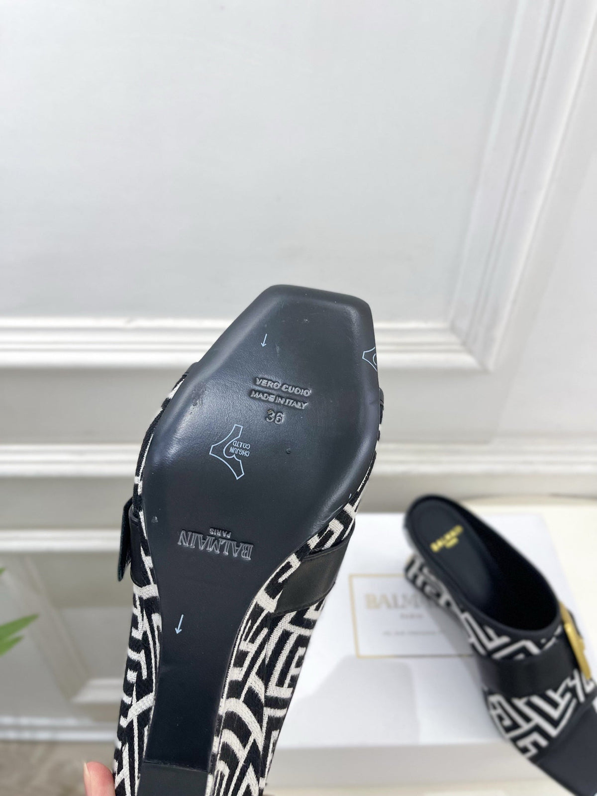 BM Anthem Buckle Wedge Mules 7.5cm Black White Monogram Jacquard 892306