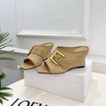 BM Anthem Buckle Wedge Mules 7.5cm Beige Woven Leather 892305