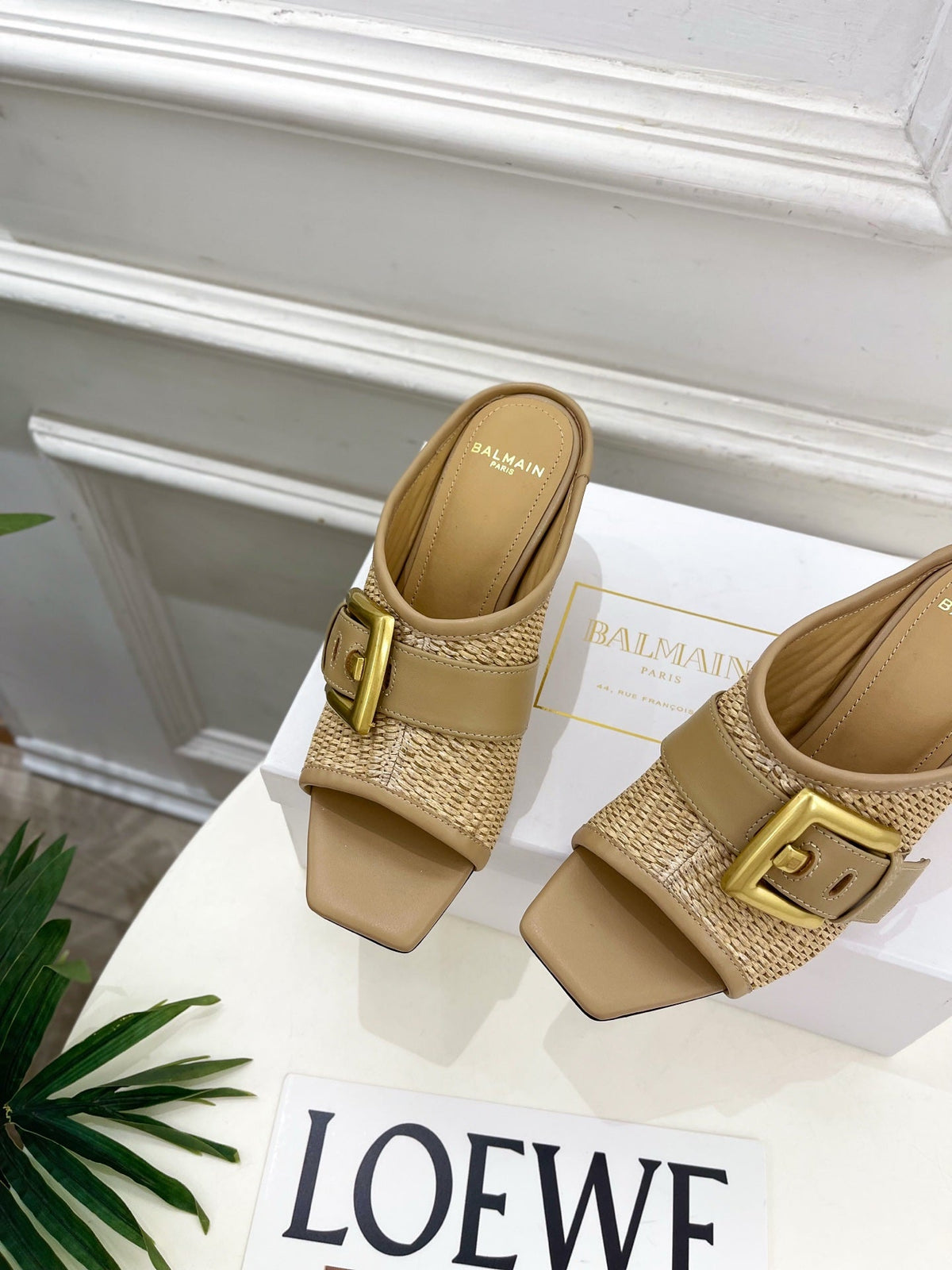 BM Anthem Buckle Wedge Mules 7.5cm Beige Woven Leather 892305