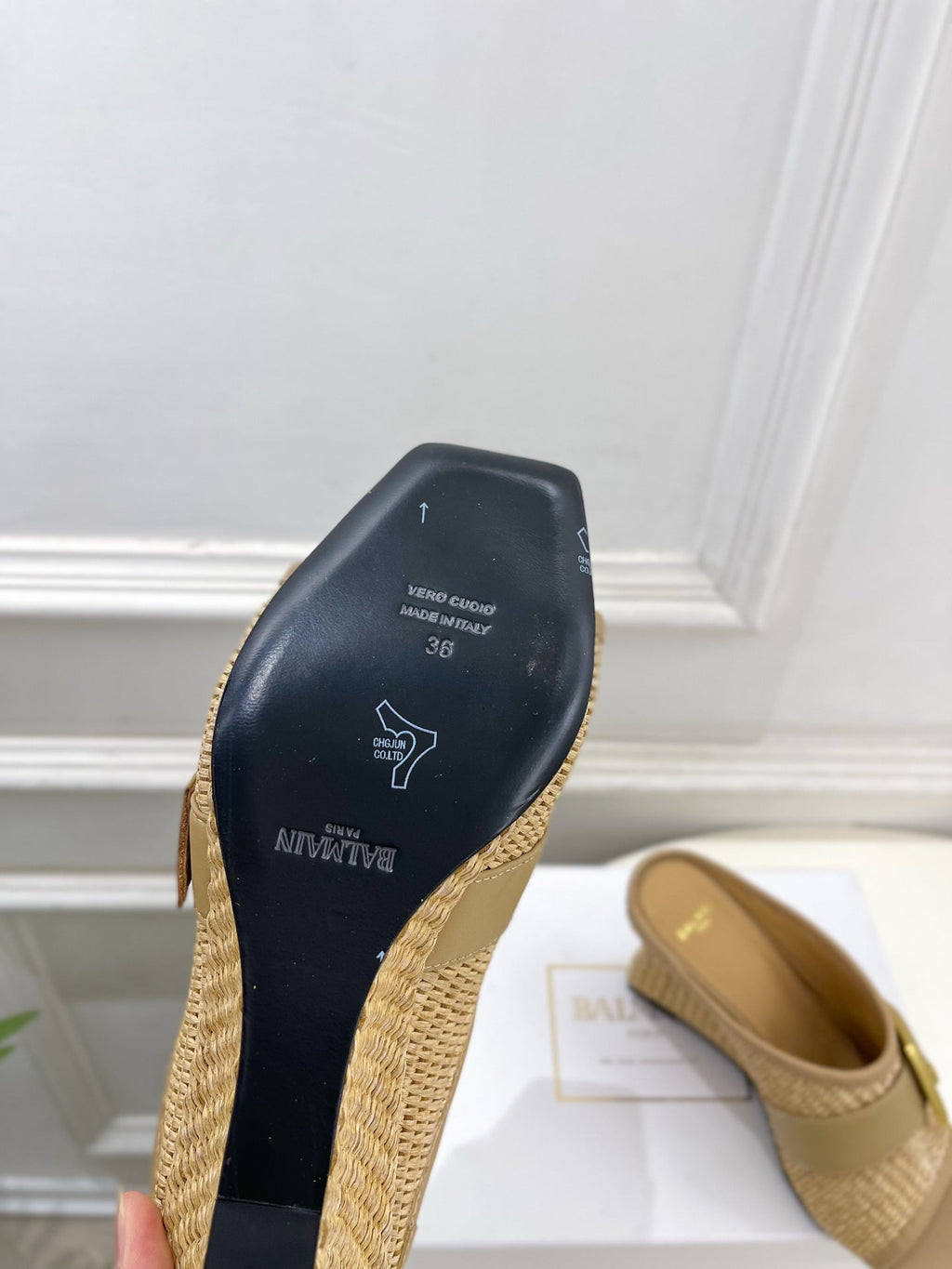 BM Anthem Buckle Wedge Mules 7.5cm Beige Woven Leather 892305