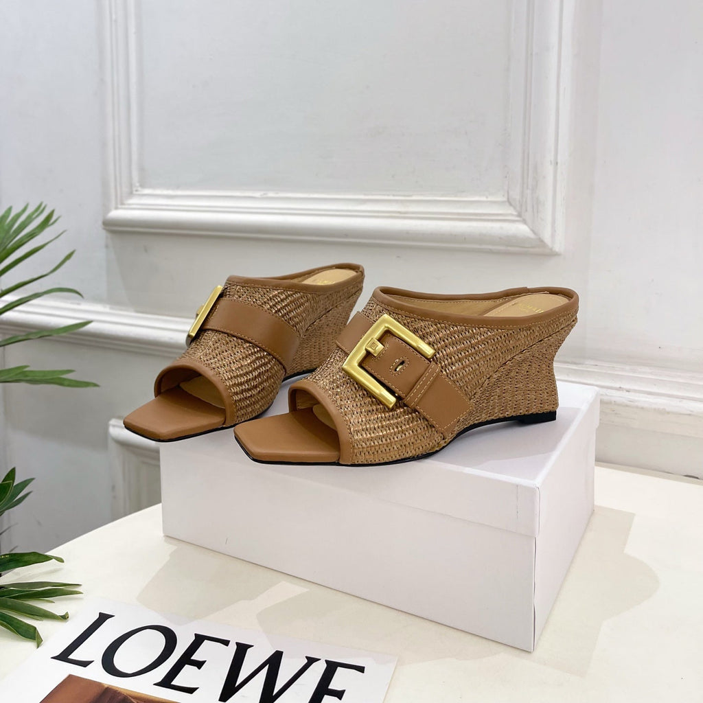 BM Anthem Buckle Wedge Mules 7.5cm Brown Woven Leather 892304