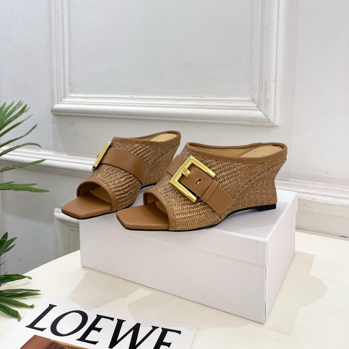 BM Anthem Buckle Wedge Mules 7.5cm Brown Woven Leather 892304