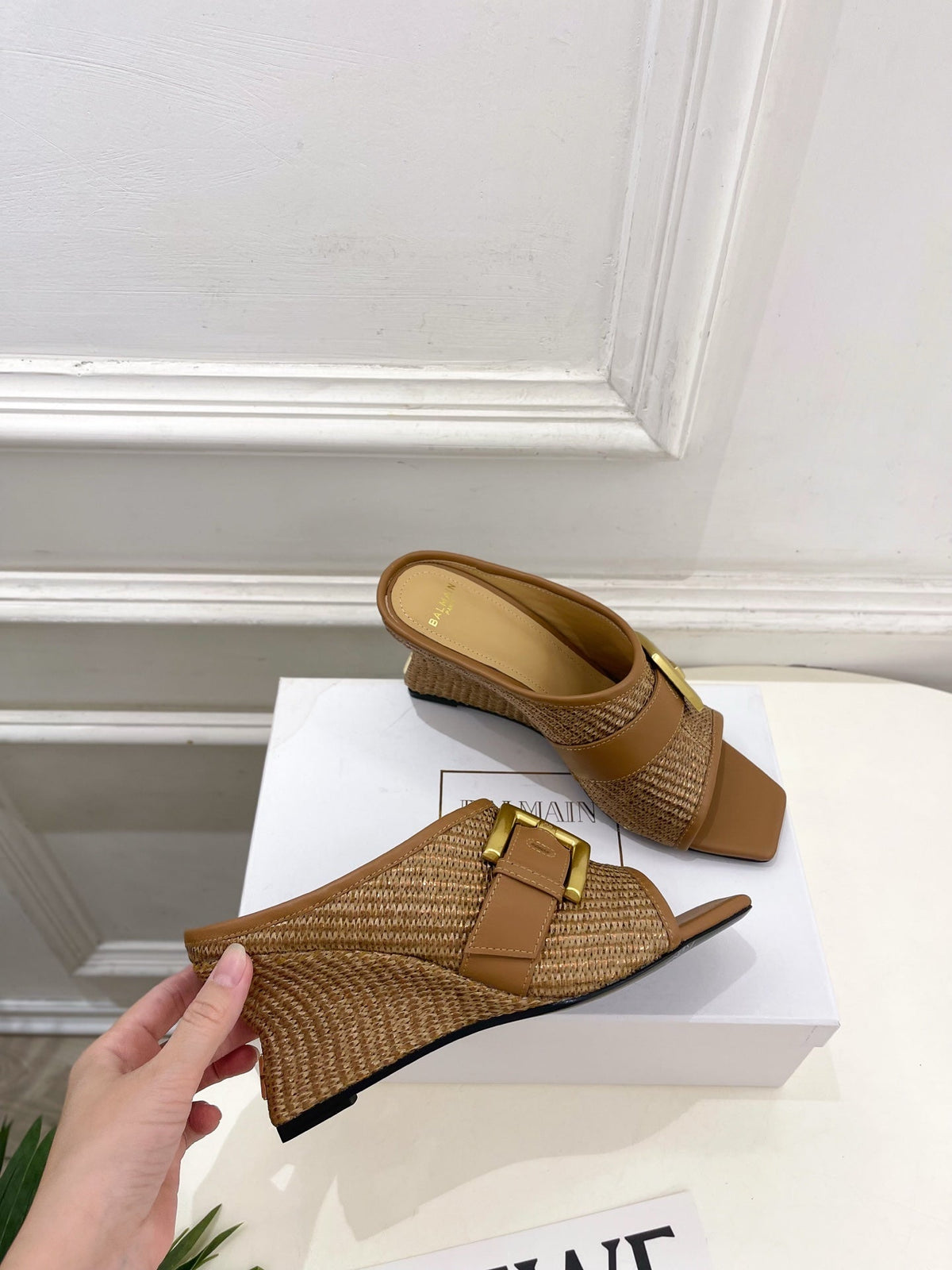 BM Anthem Buckle Wedge Mules 7.5cm Brown Woven Leather 892304