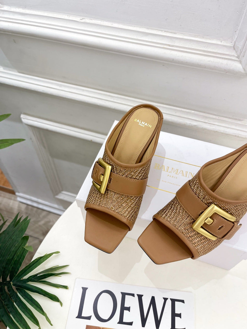 BM Anthem Buckle Wedge Mules 7.5cm Brown Woven Leather 892304