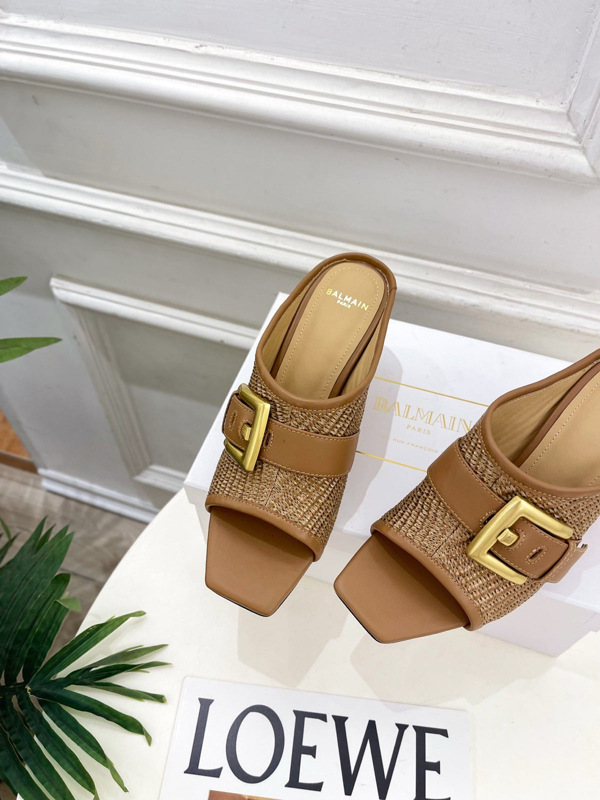 BM Anthem Buckle Wedge Mules 7.5cm Brown Woven Leather 892304