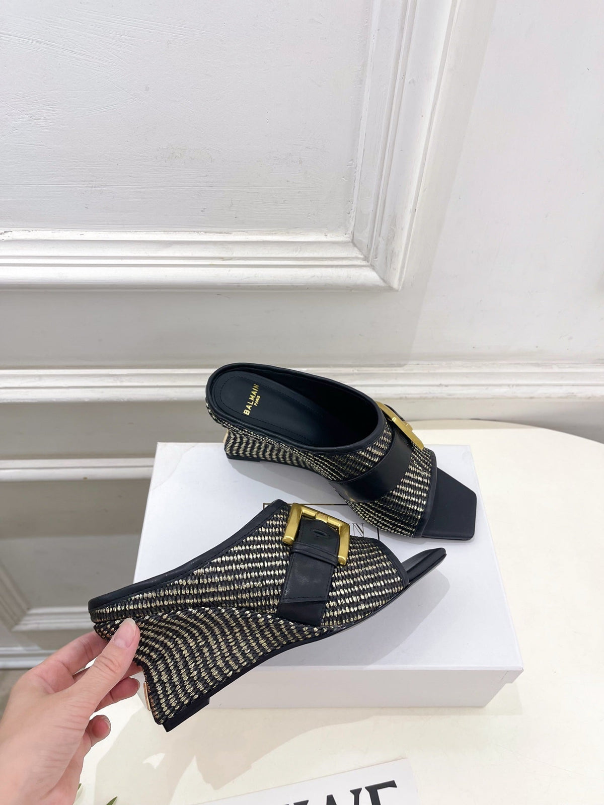 BM Anthem Buckle Wedge Mules 7.5cm Black Woven Leather 892303