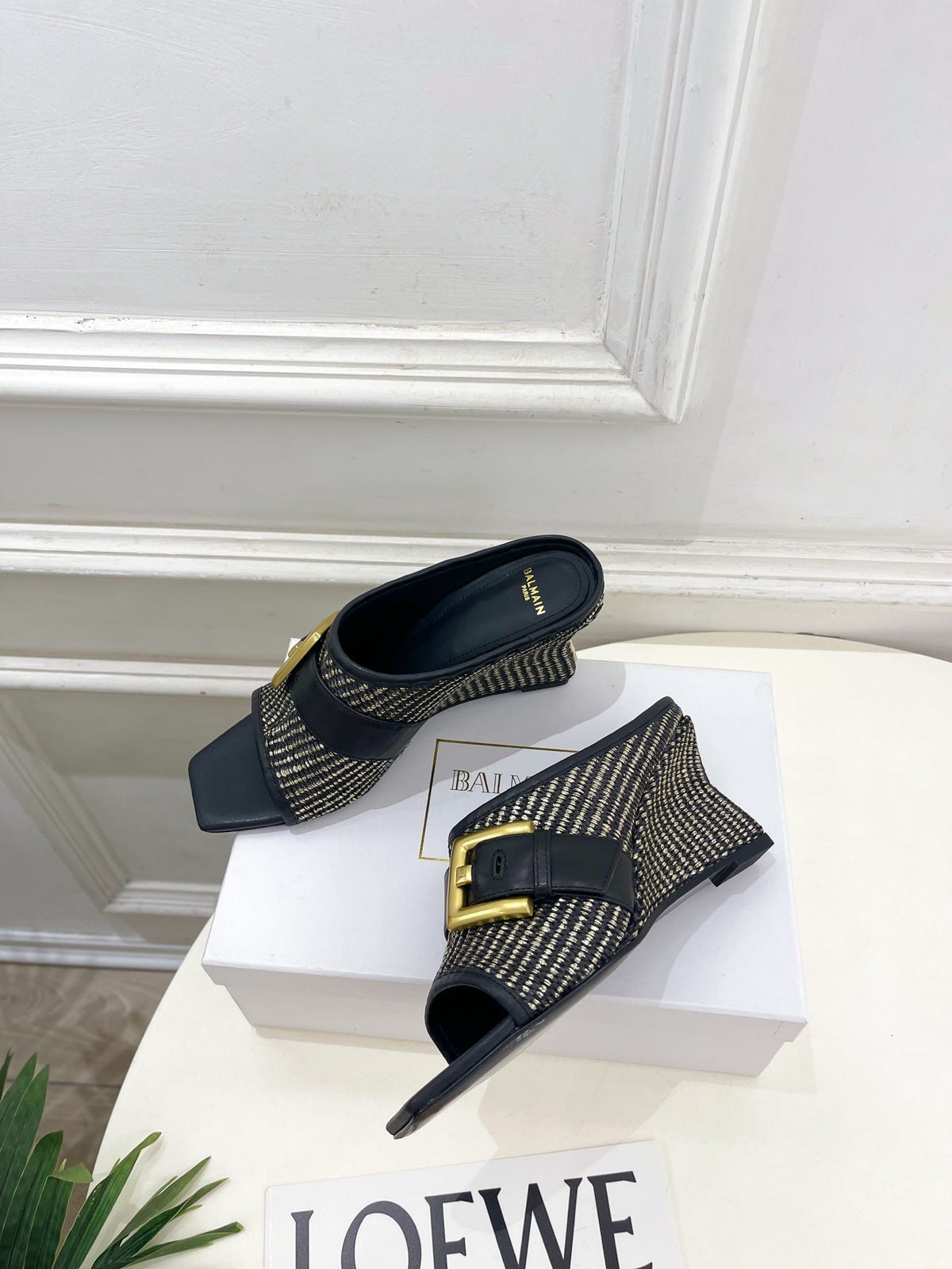 BM Anthem Buckle Wedge Mules 7.5cm Black Woven Leather 892303