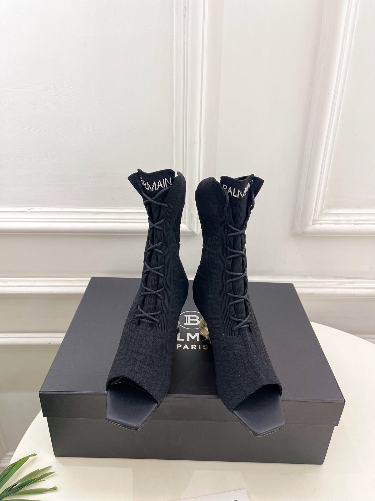 BM Moneta Monogram Knit Boots Black Custom Knit Fabric 892302