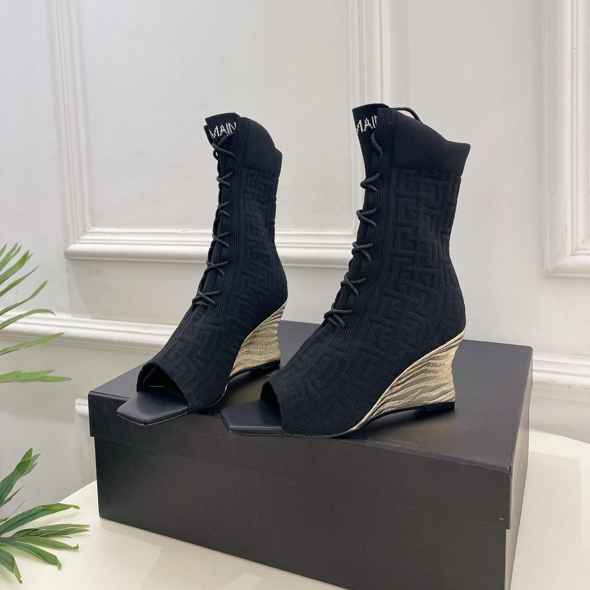 BM Moneta Monogram Knit Boots Black Custom Knit Fabric 892302