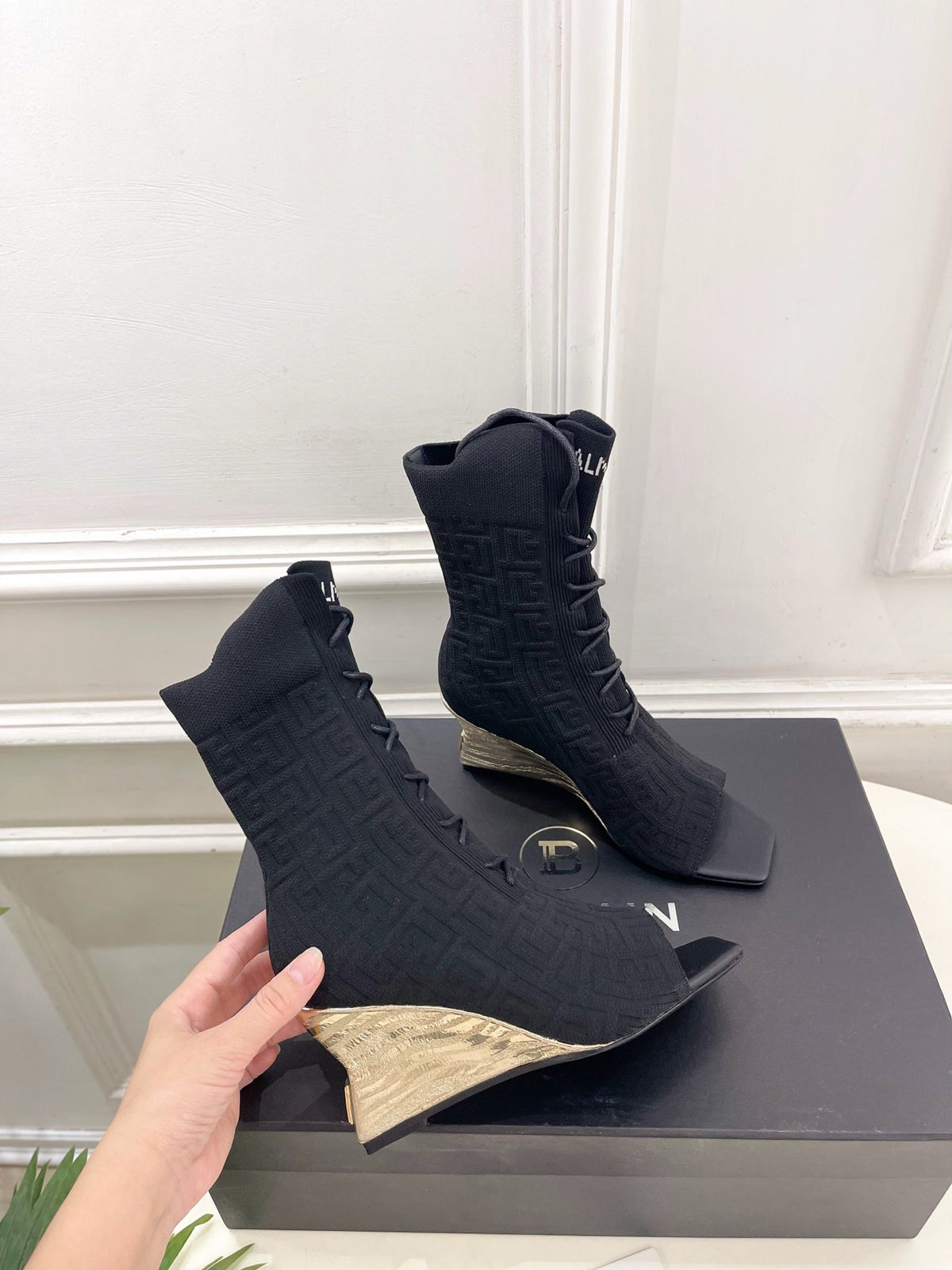 BM Moneta Monogram Knit Boots Black Custom Knit Fabric 892302