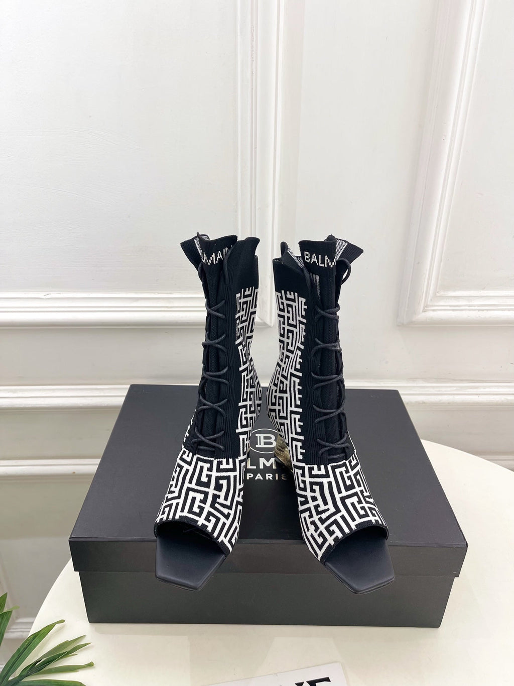 BM Moneta Monogram Knit Boots Black White Custom Knit Fabric 892301