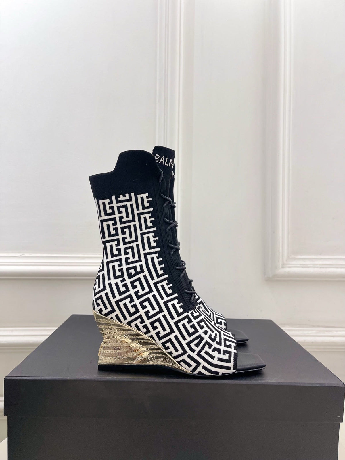 BM Moneta Monogram Knit Boots Black White Custom Knit Fabric 892301