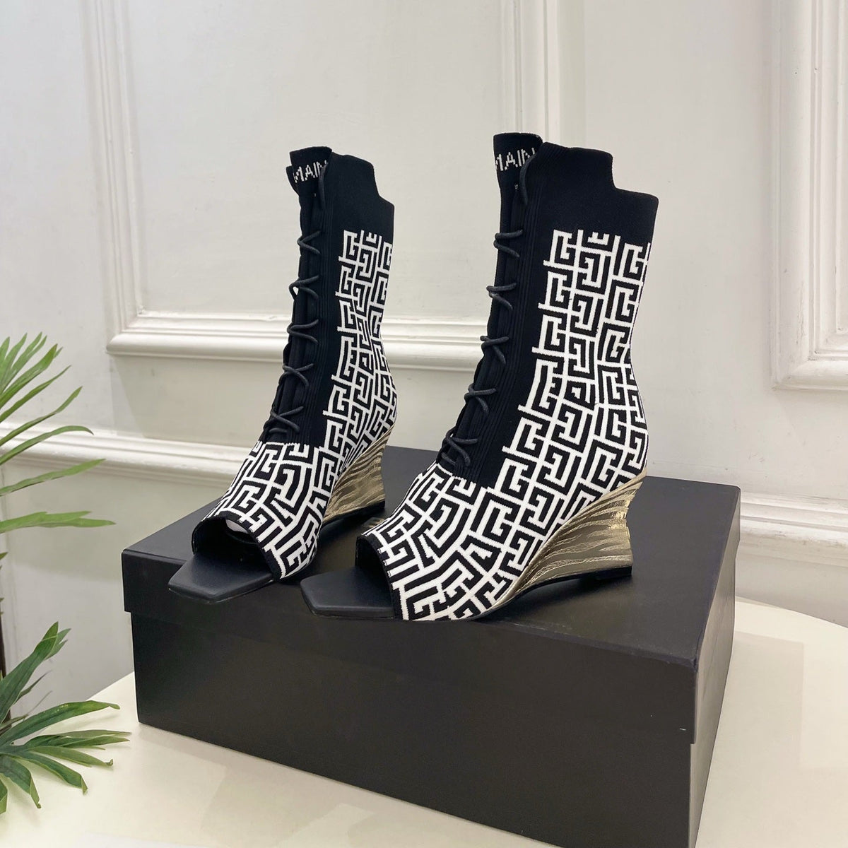 BM Moneta Monogram Knit Boots Black White Custom Knit Fabric 892301