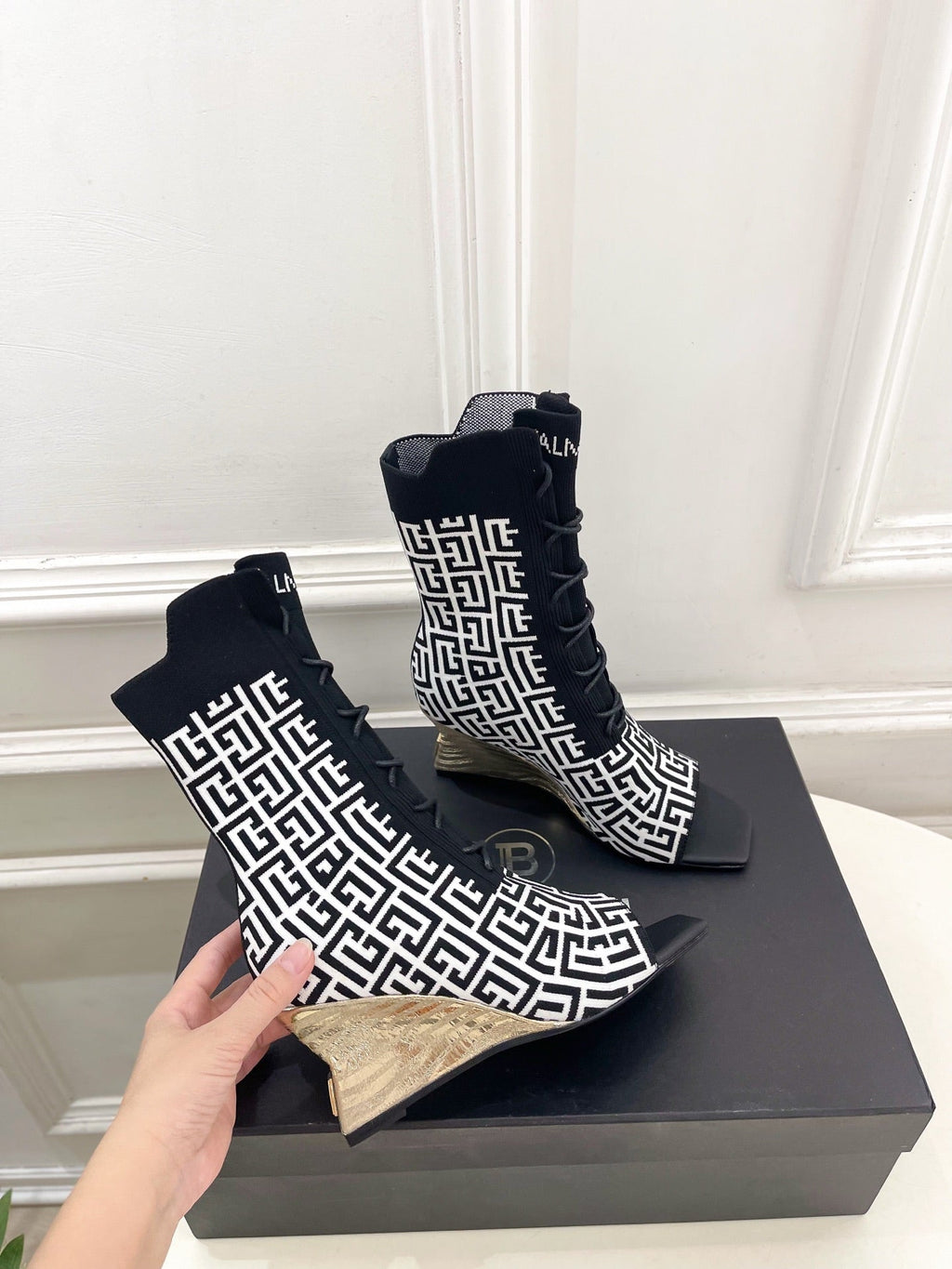 BM Moneta Monogram Knit Boots Black White Custom Knit Fabric 892301