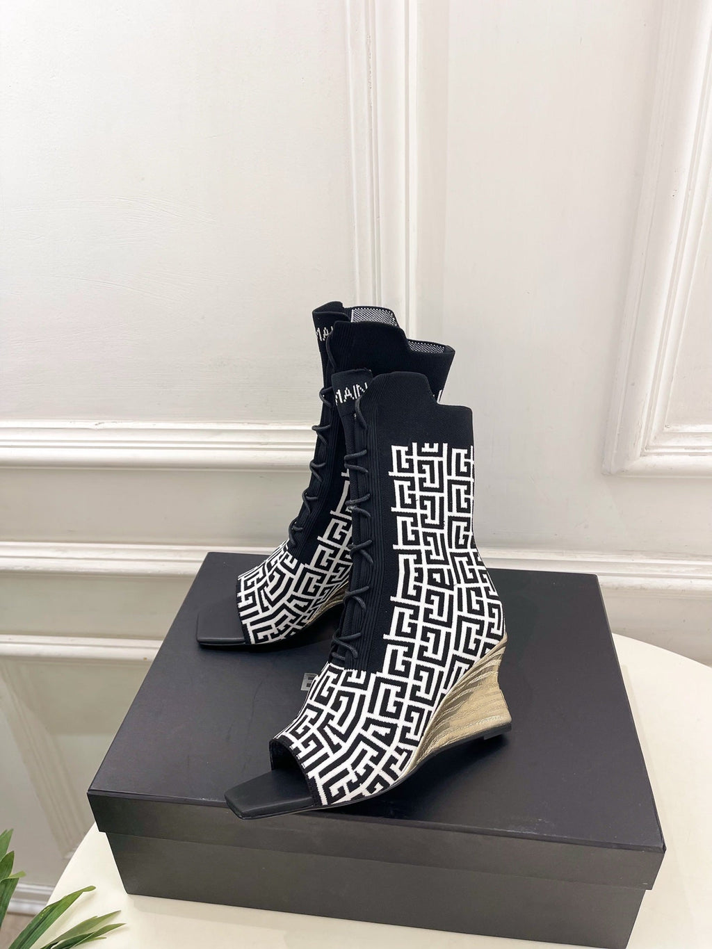 BM Moneta Monogram Knit Boots Black White Custom Knit Fabric 892301