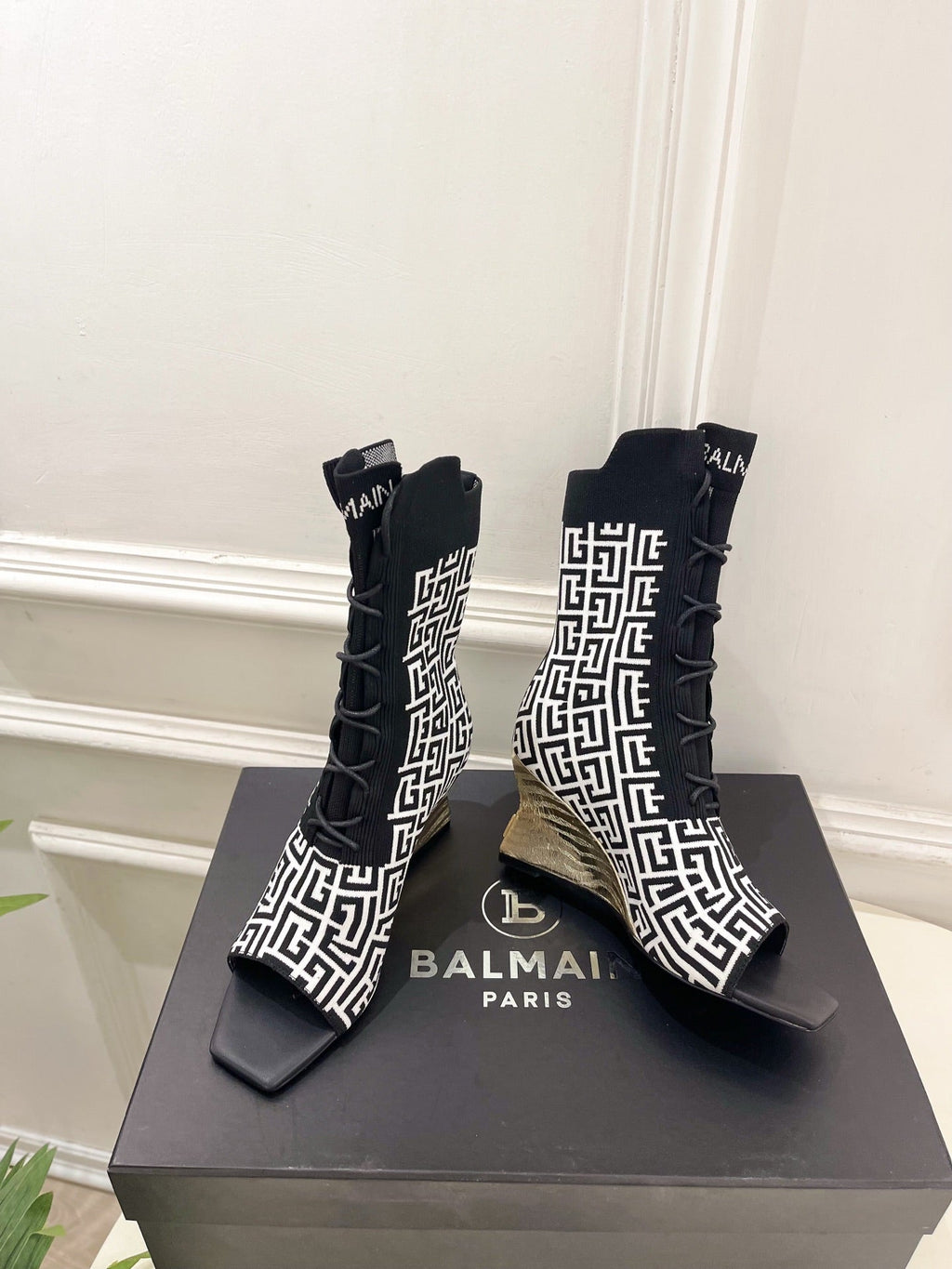 BM Moneta Monogram Knit Boots Black White Custom Knit Fabric 892301