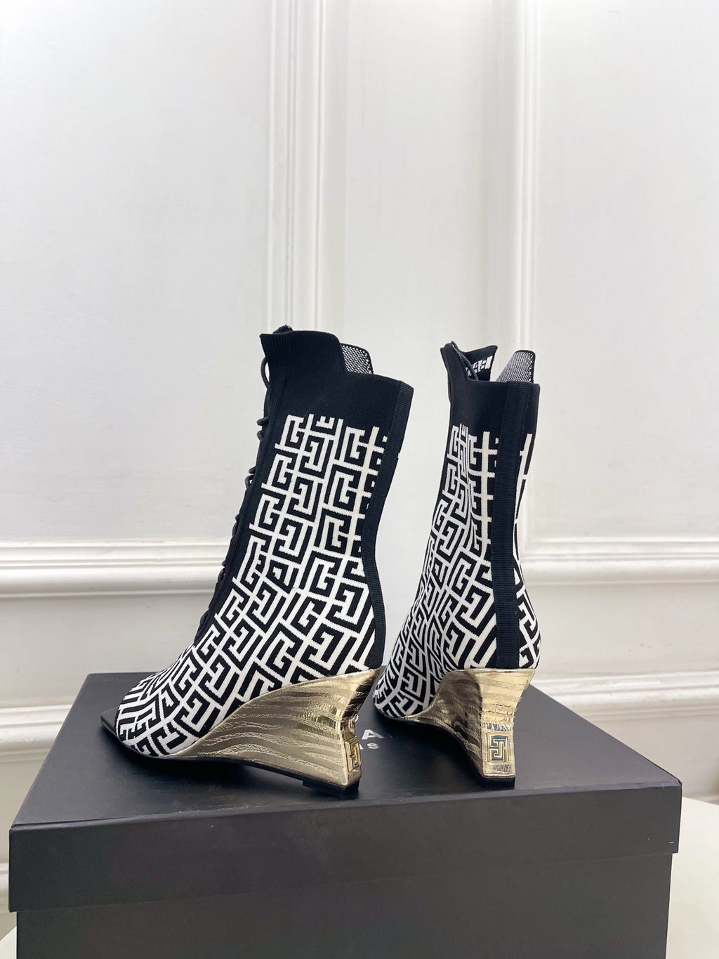 BM Moneta Monogram Knit Boots Black White Custom Knit Fabric 892301