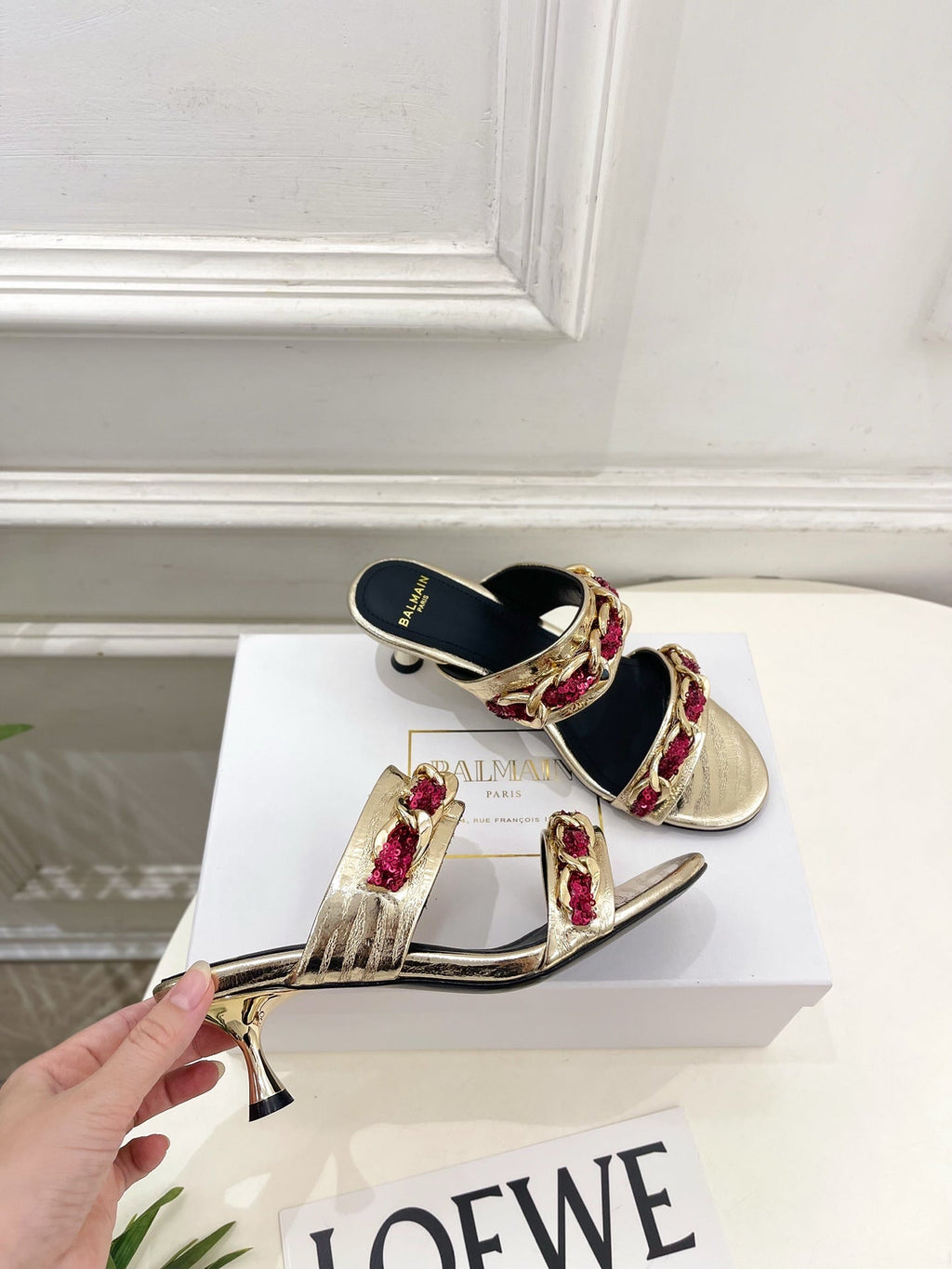 BM Sequin Chain Sandals 5cm Silver Pink Metallic Leather 892299