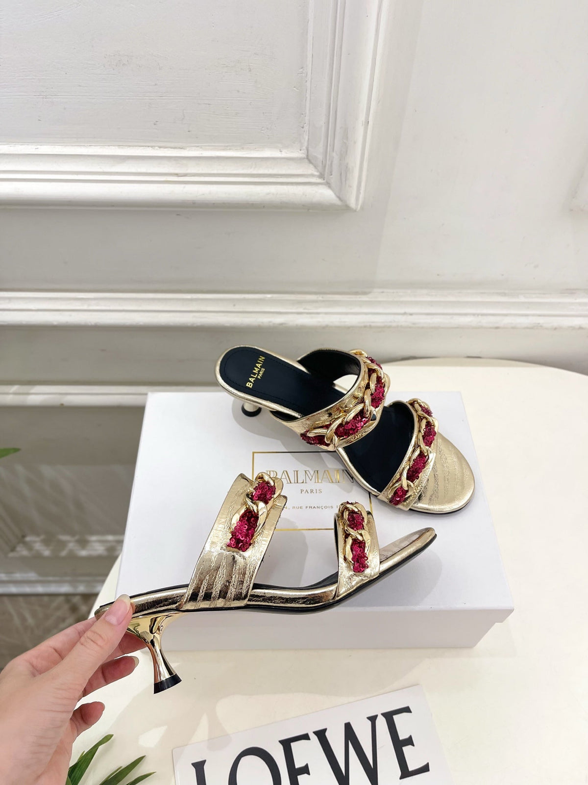 BM Sequin Chain Sandals 5cm Silver Pink Metallic Leather 892299
