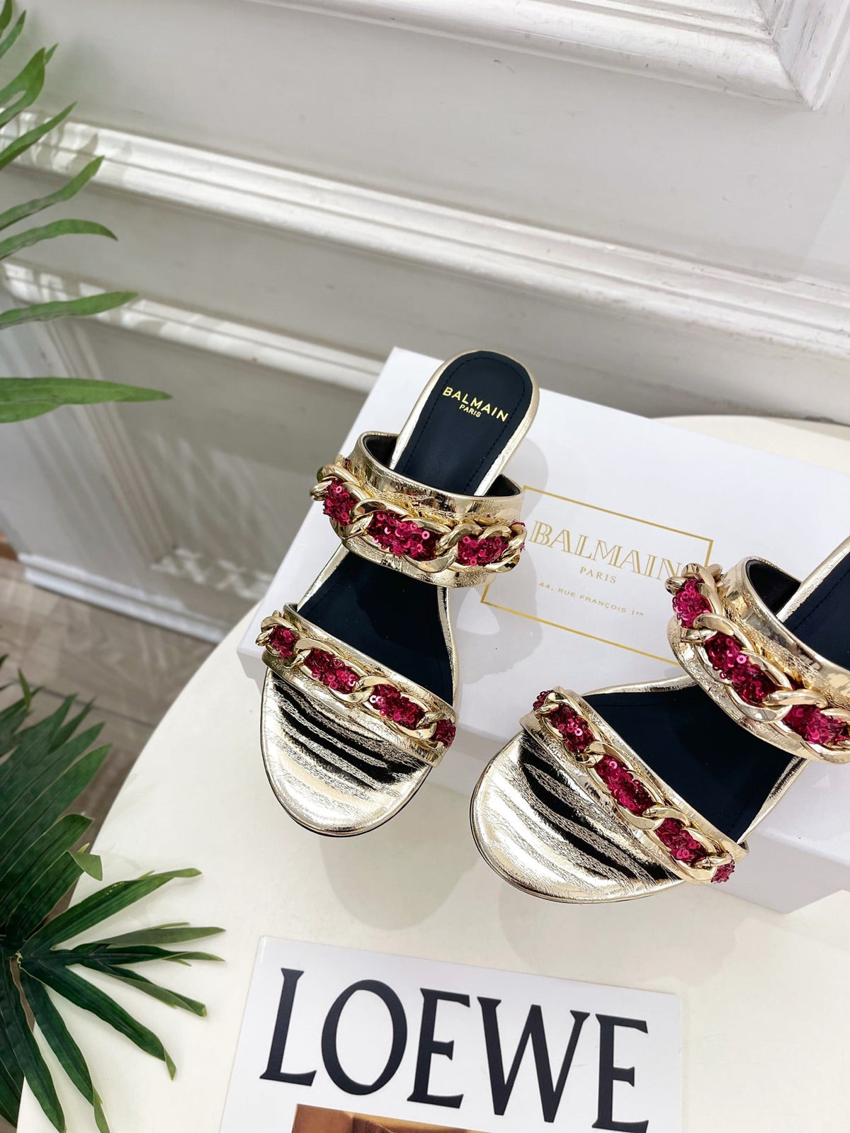BM Sequin Chain Sandals 5cm Silver Pink Metallic Leather 892299