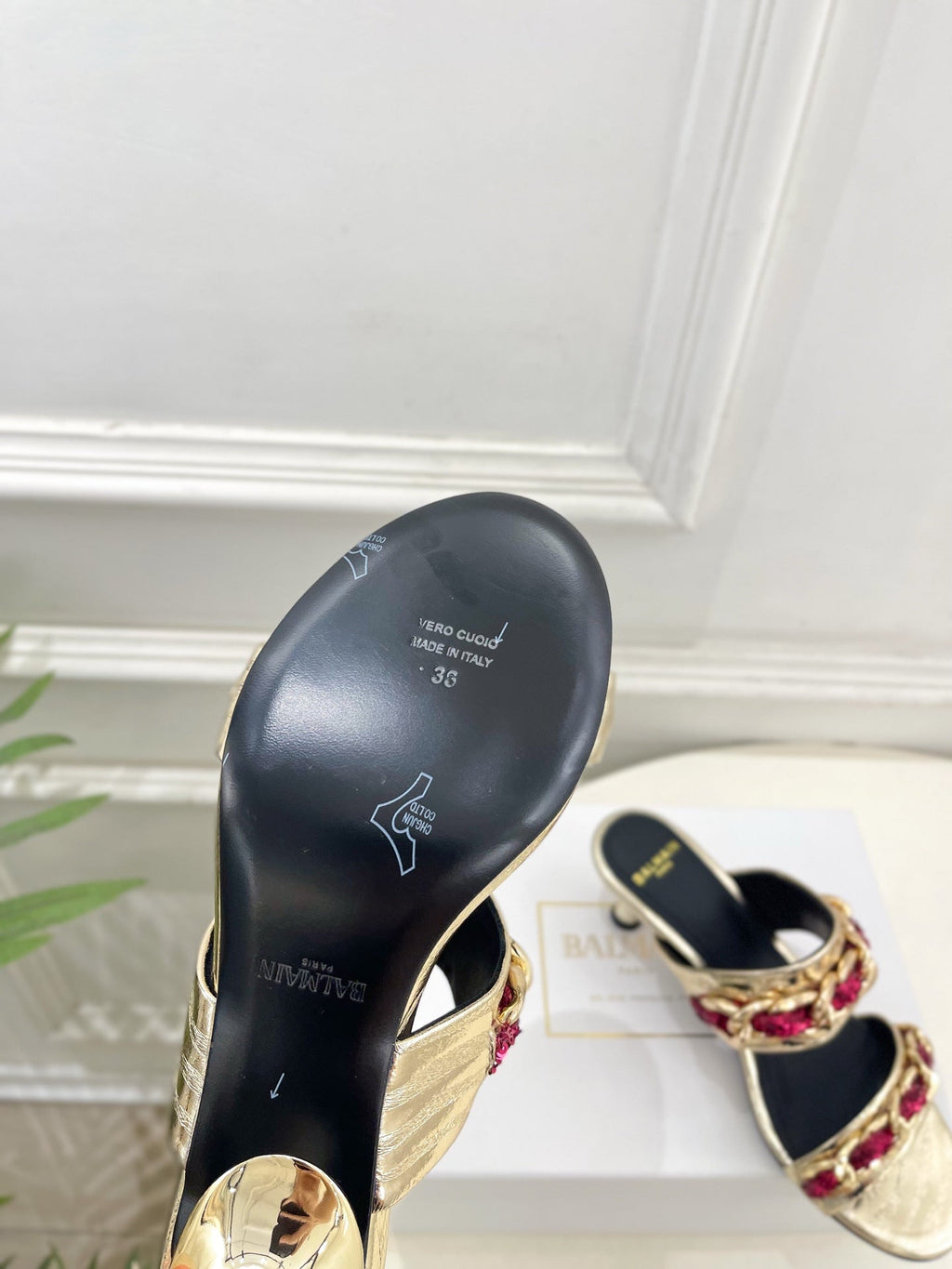 BM Sequin Chain Sandals 5cm Silver Pink Metallic Leather 892299