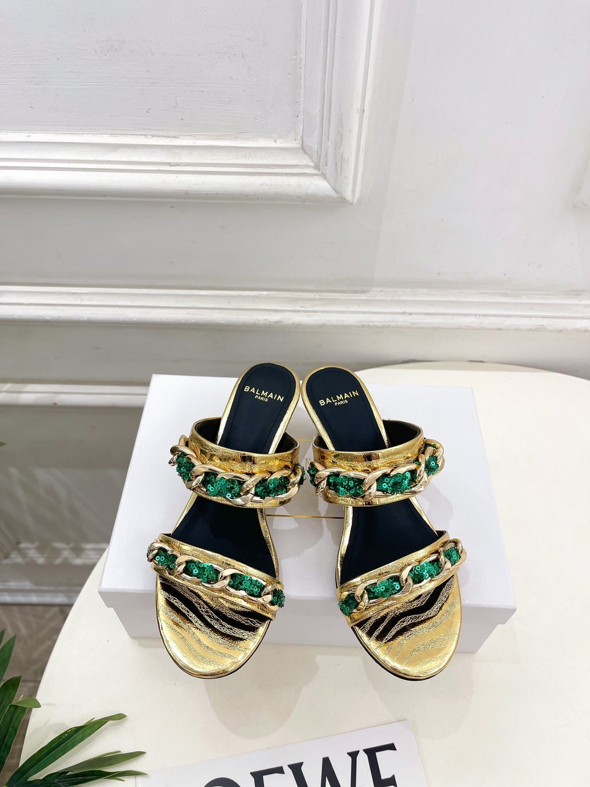 BM Sequin Chain Sandals 5cm Gold Green Metallic Leather 892298