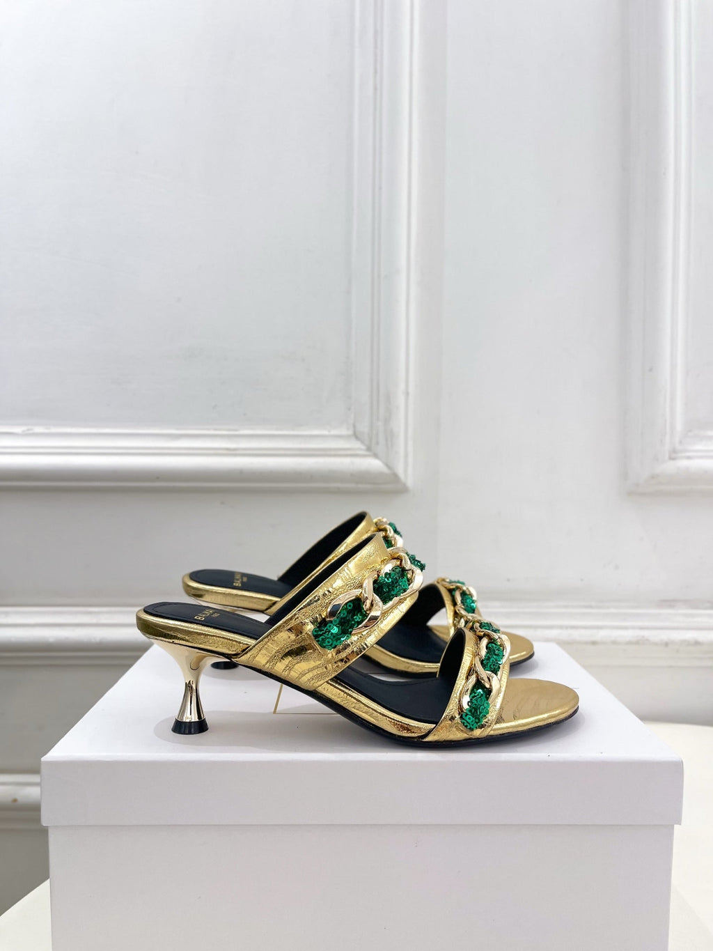 BM Sequin Chain Sandals 5cm Gold Green Metallic Leather 892298