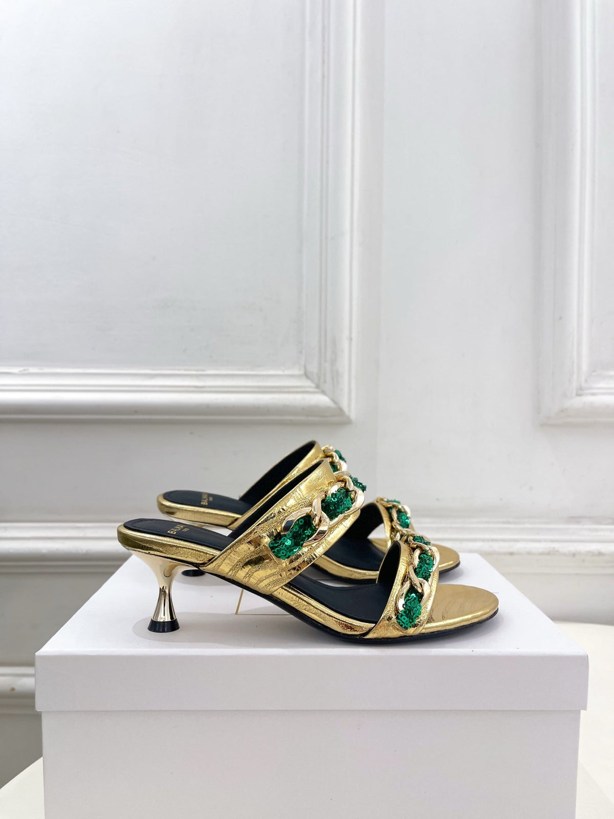 BM Sequin Chain Sandals 5cm Gold Green Metallic Leather 892298
