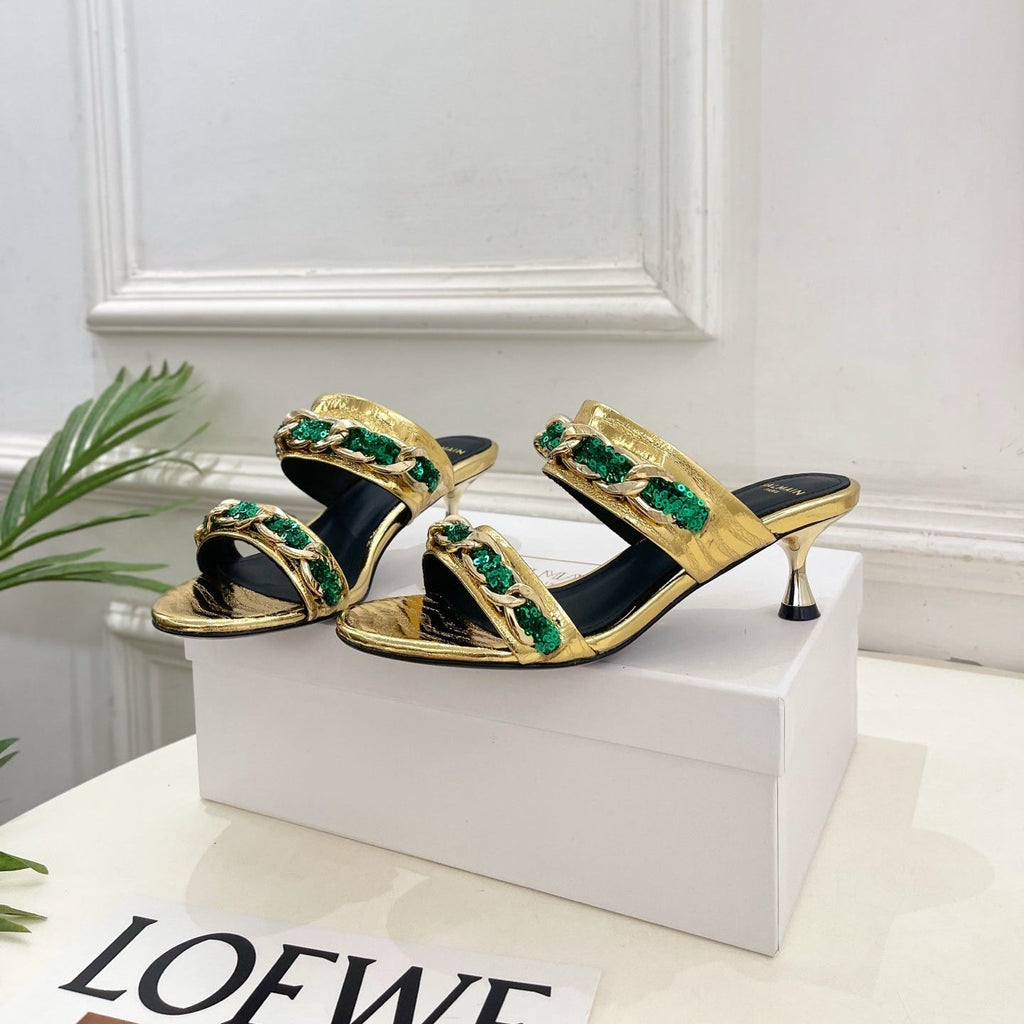 BM Sequin Chain Sandals 5cm Gold Green Metallic Leather 892298