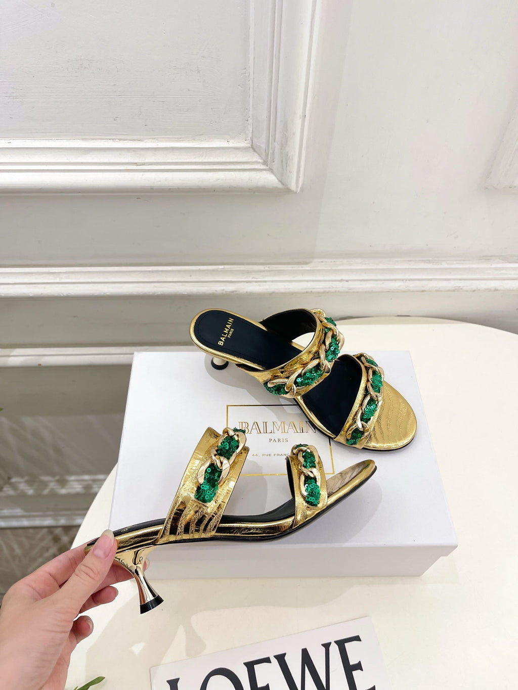 BM Sequin Chain Sandals 5cm Gold Green Metallic Leather 892298