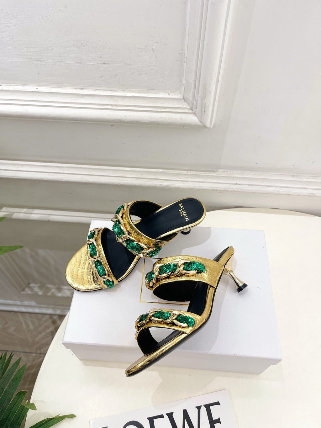 BM Sequin Chain Sandals 5cm Gold Green Metallic Leather 892298