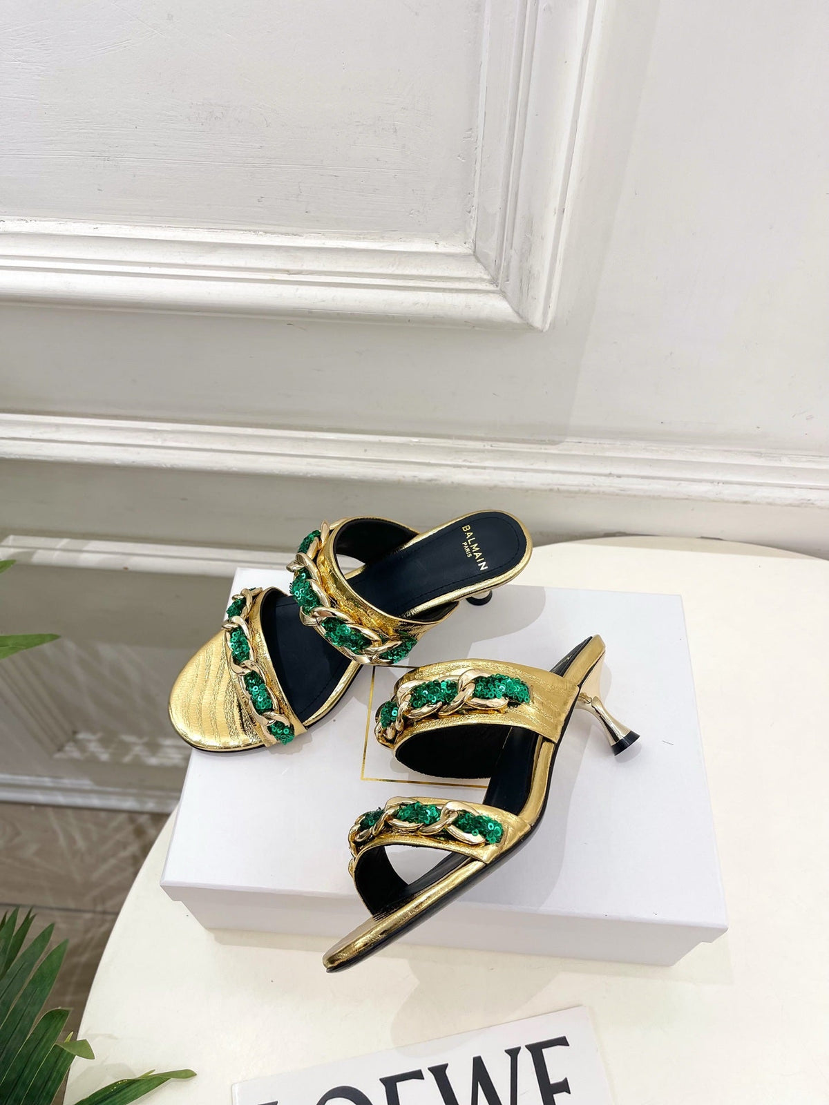 BM Sequin Chain Sandals 5cm Gold Green Metallic Leather 892298