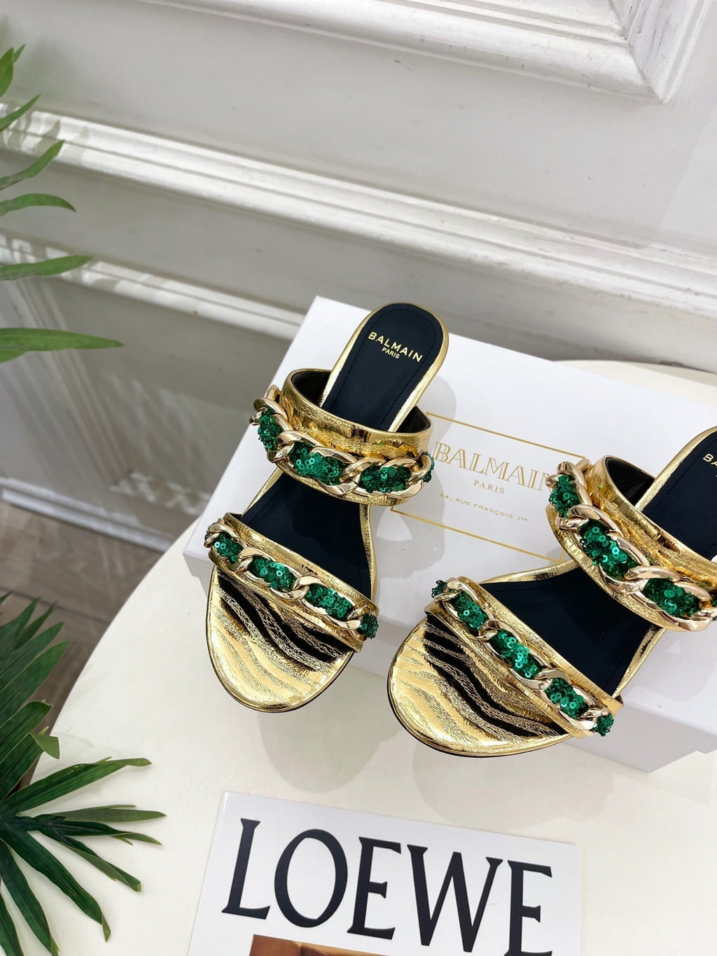 BM Sequin Chain Sandals 5cm Gold Green Metallic Leather 892298