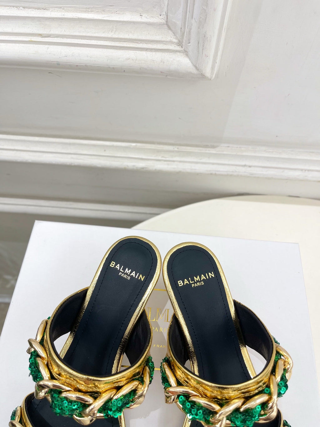 BM Sequin Chain Sandals 5cm Gold Green Metallic Leather 892298