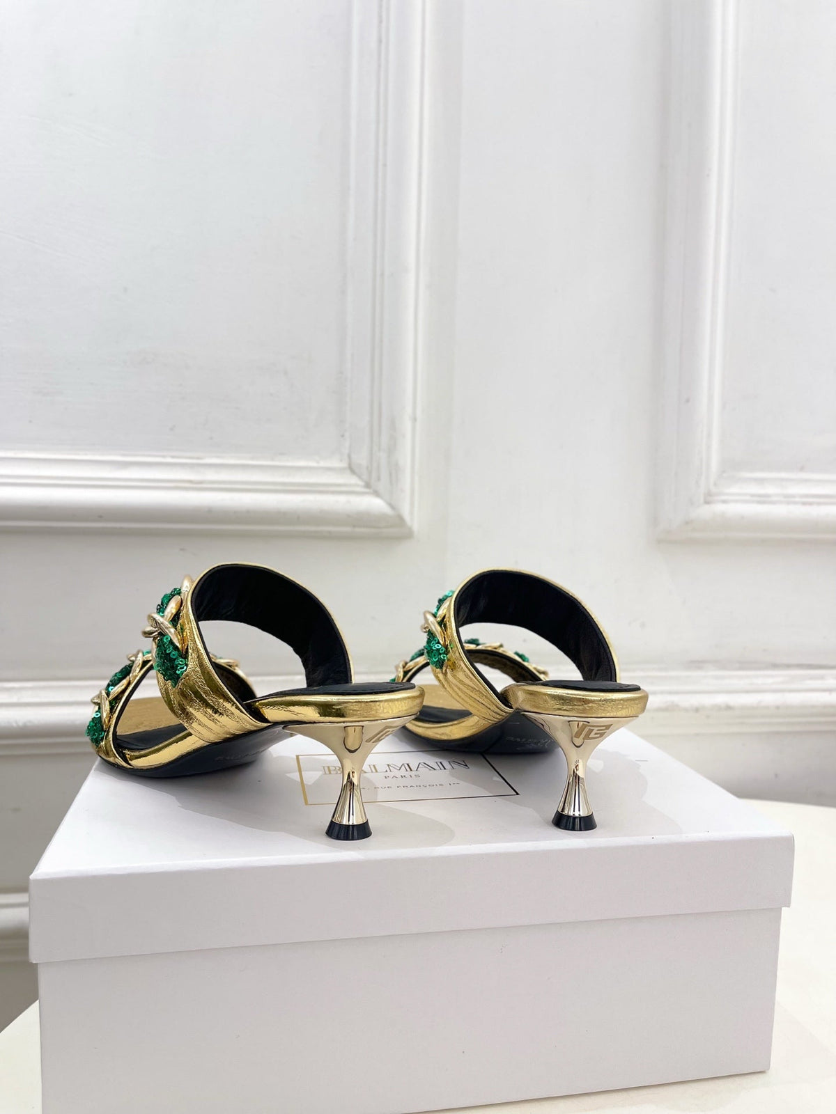 BM Sequin Chain Sandals 5cm Gold Green Metallic Leather 892298