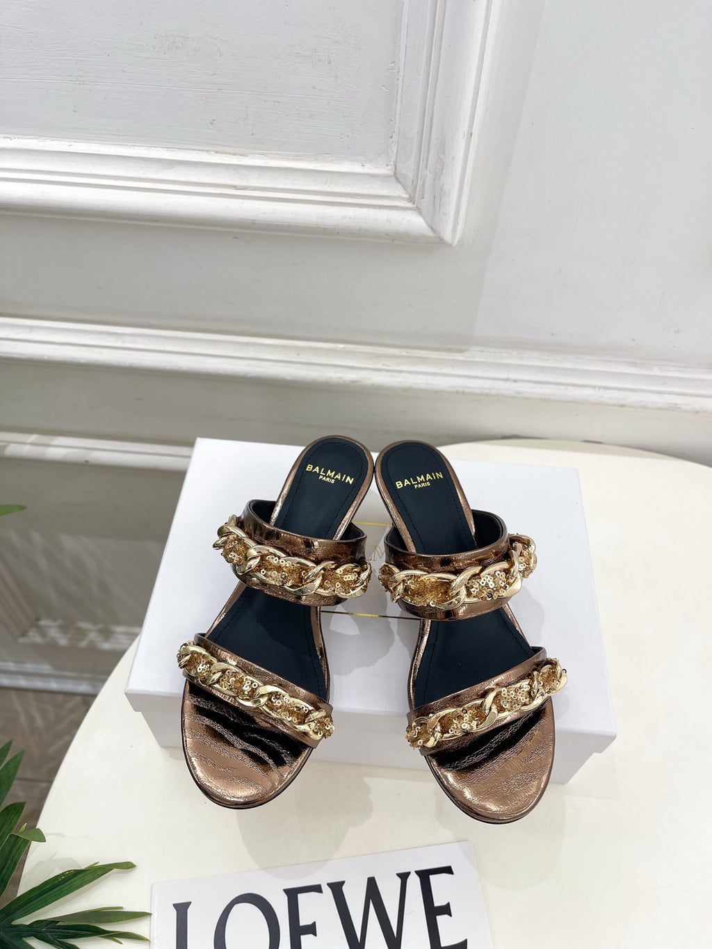 BM Sequin Chain Sandals 5cm Bronze Metallic Leather 892297
