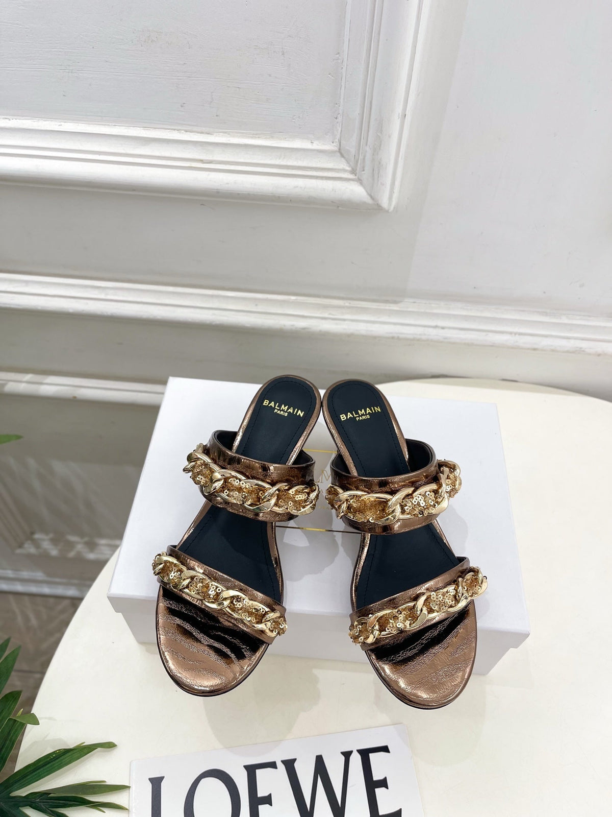 BM Sequin Chain Sandals 5cm Bronze Metallic Leather 892297