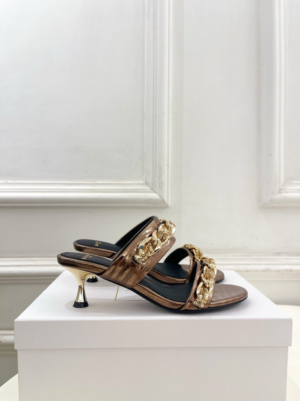 BM Sequin Chain Sandals 5cm Bronze Metallic Leather 892297