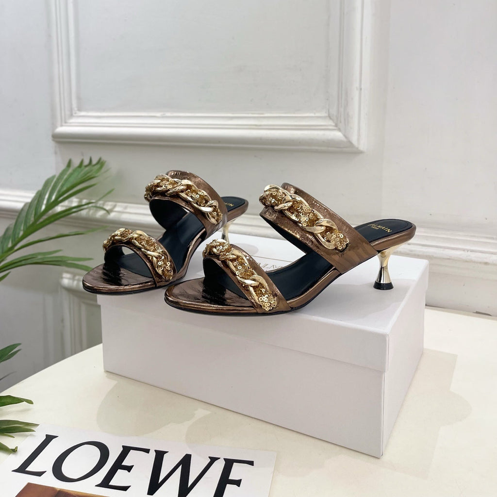 BM Sequin Chain Sandals 5cm Bronze Metallic Leather 892297