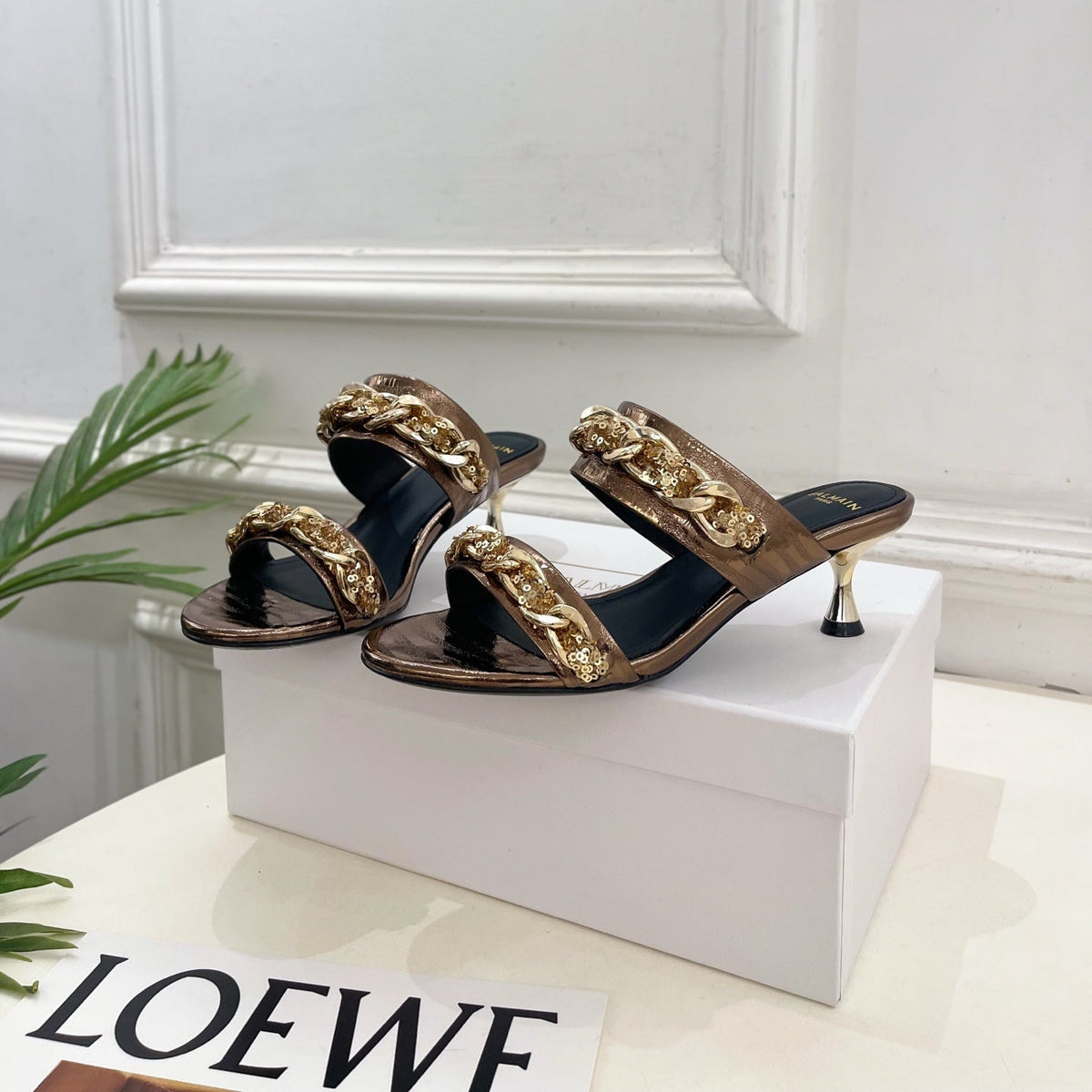 BM Sequin Chain Sandals 5cm Bronze Metallic Leather 892297