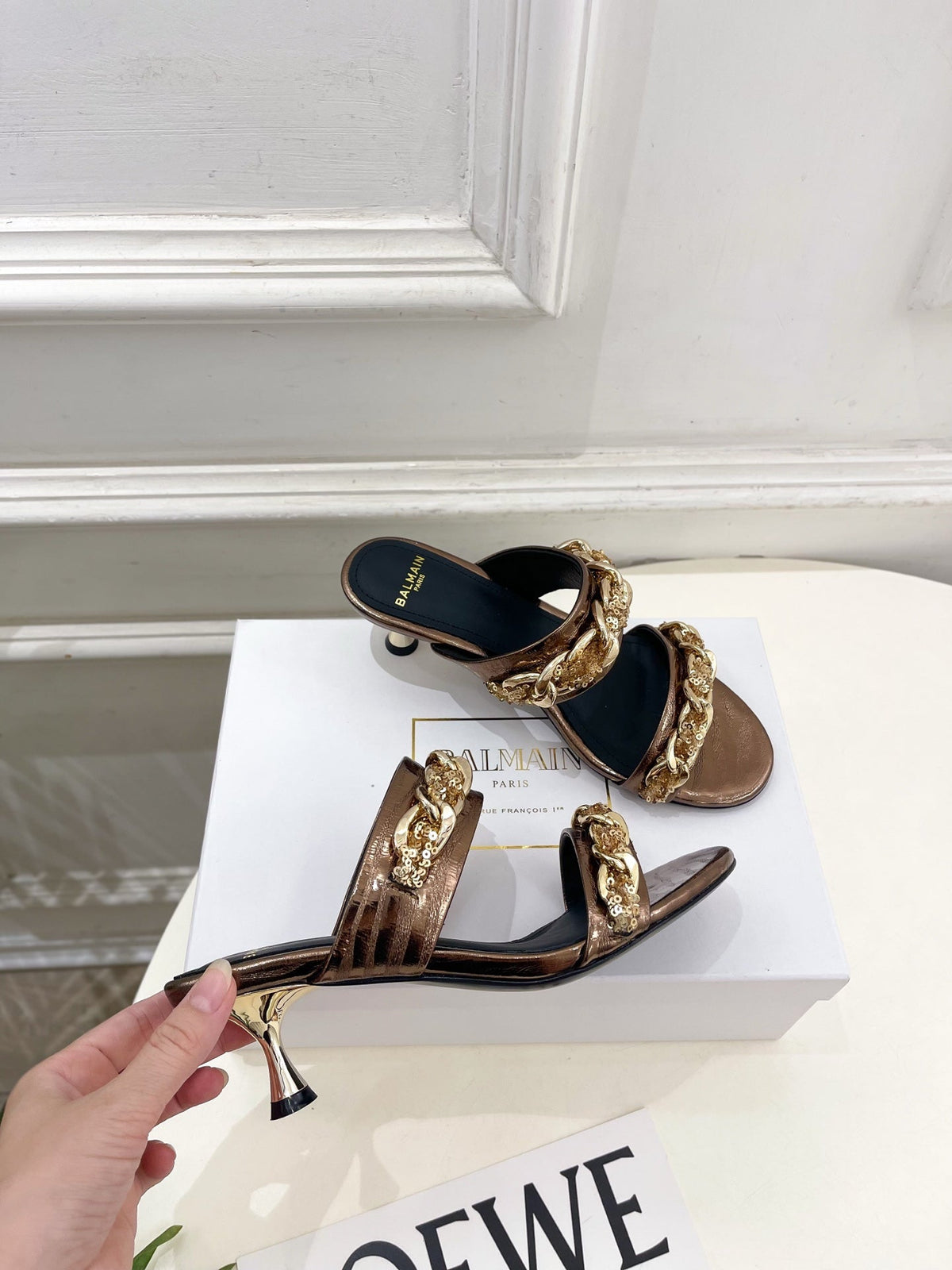 BM Sequin Chain Sandals 5cm Bronze Metallic Leather 892297