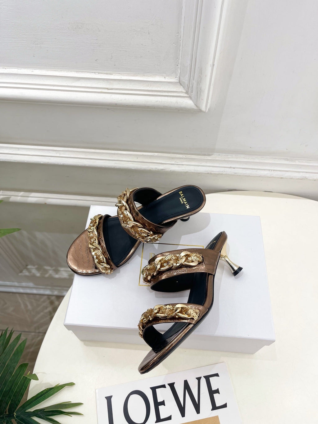 BM Sequin Chain Sandals 5cm Bronze Metallic Leather 892297