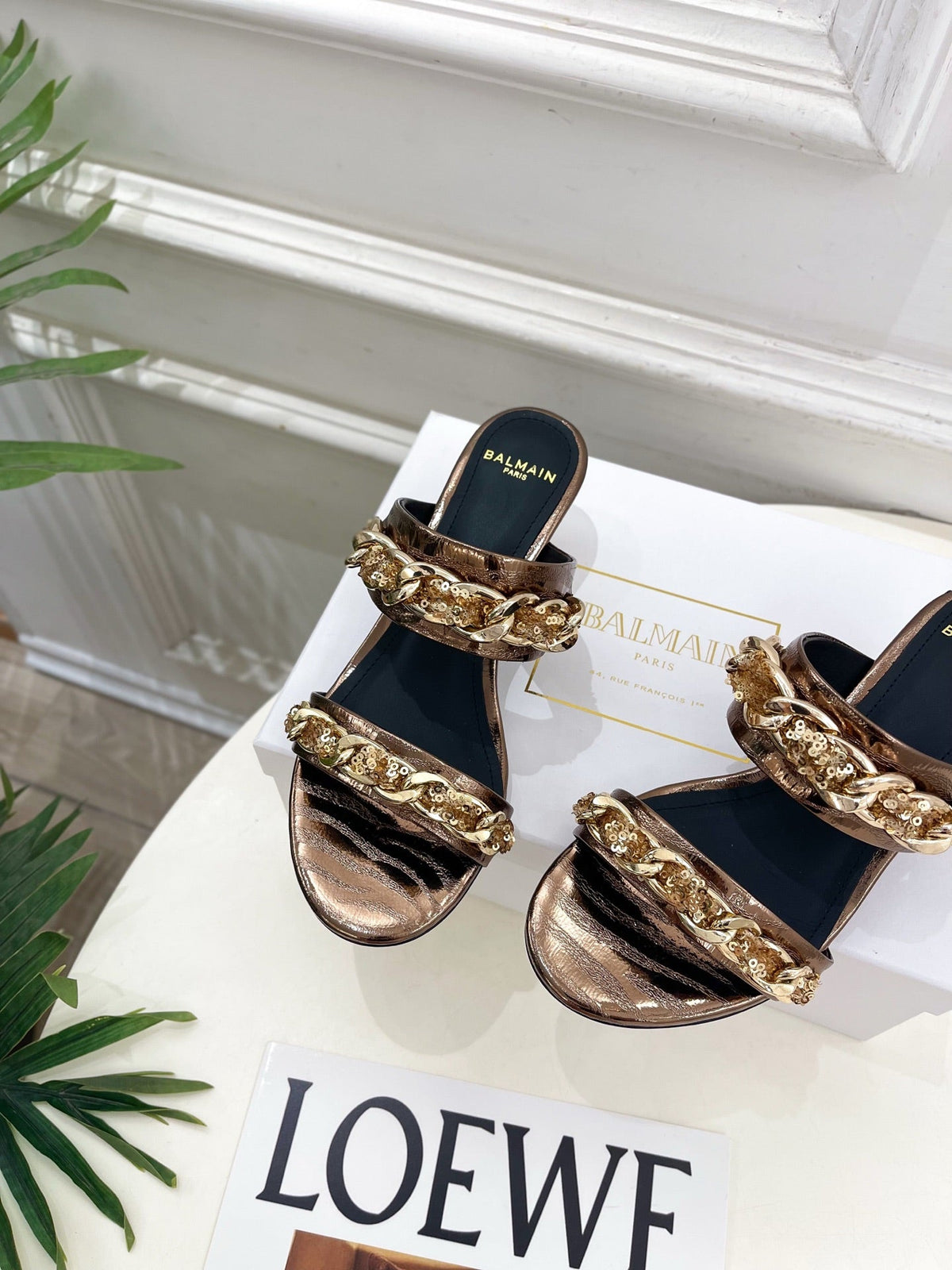 BM Sequin Chain Sandals 5cm Bronze Metallic Leather 892297