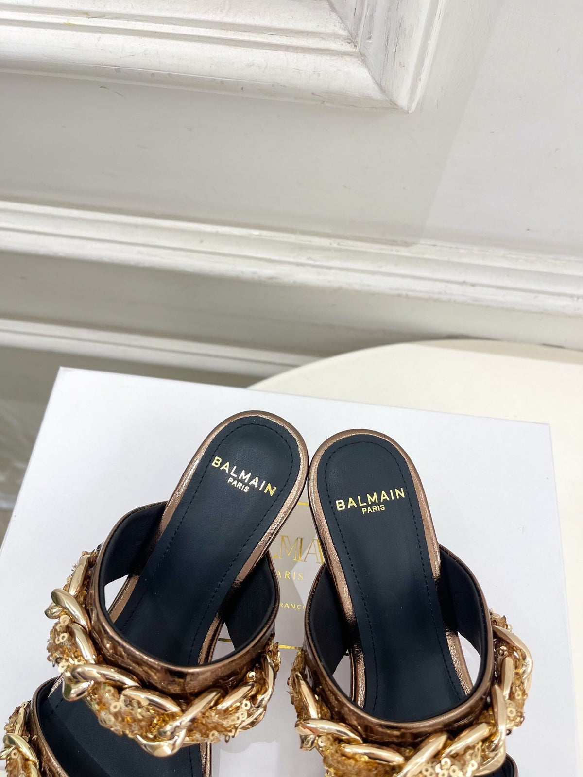 BM Sequin Chain Sandals 5cm Bronze Metallic Leather 892297
